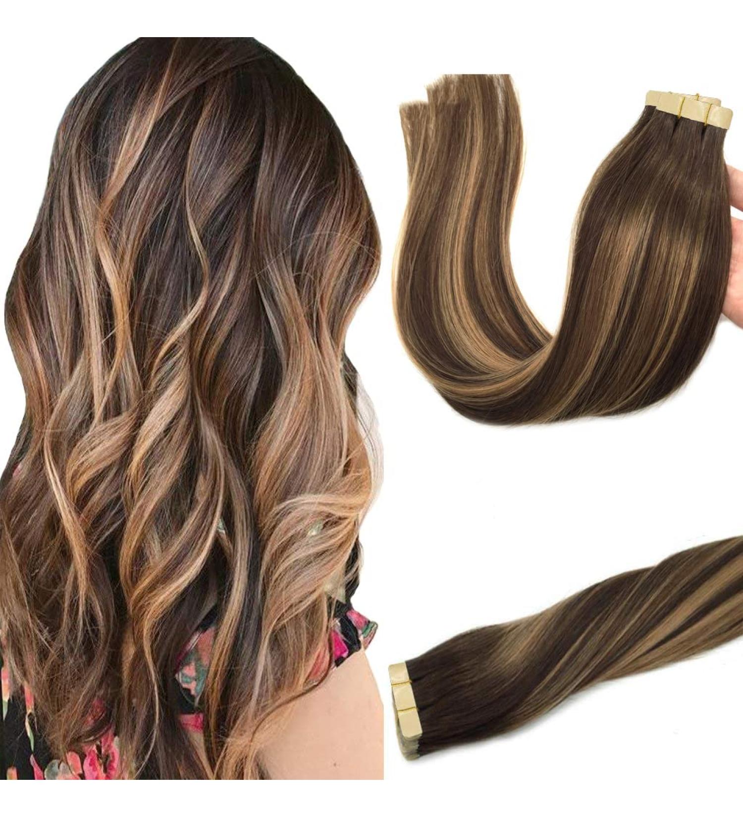 GOO GOO Tape in Hair Extensions 18 Chocolate Brown to Caramel Blonde Remy Human Hair Balayage 20pcs 50g - Seamless Straight Real Hair Extensions - Buy Online on GoSupps.com