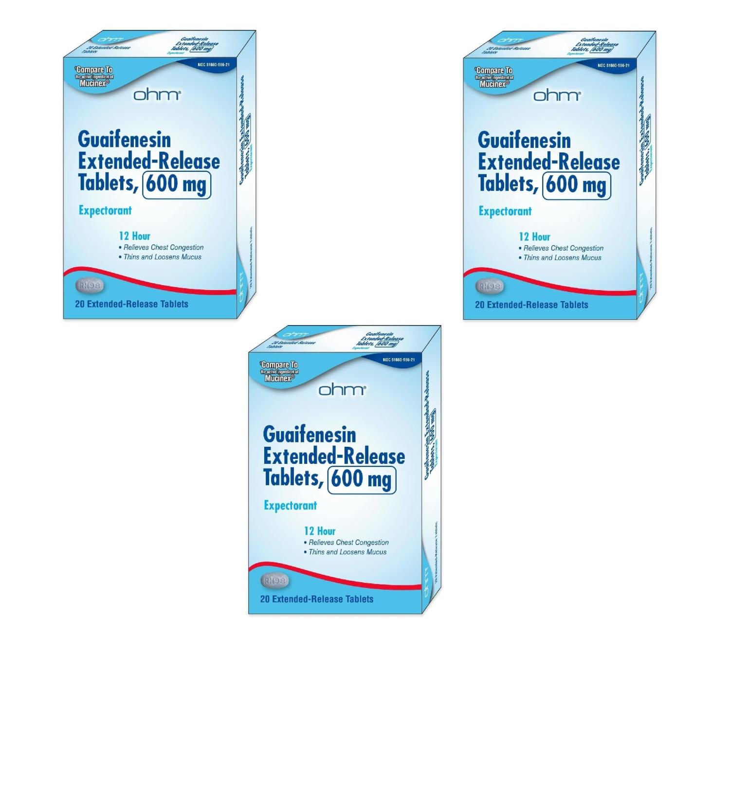 Ohm Guaifenesin Chest Congestion and Mucus Relief Extended-Release Tablets 600 mg 12-Hour Expectorant Caplet Pack of 3