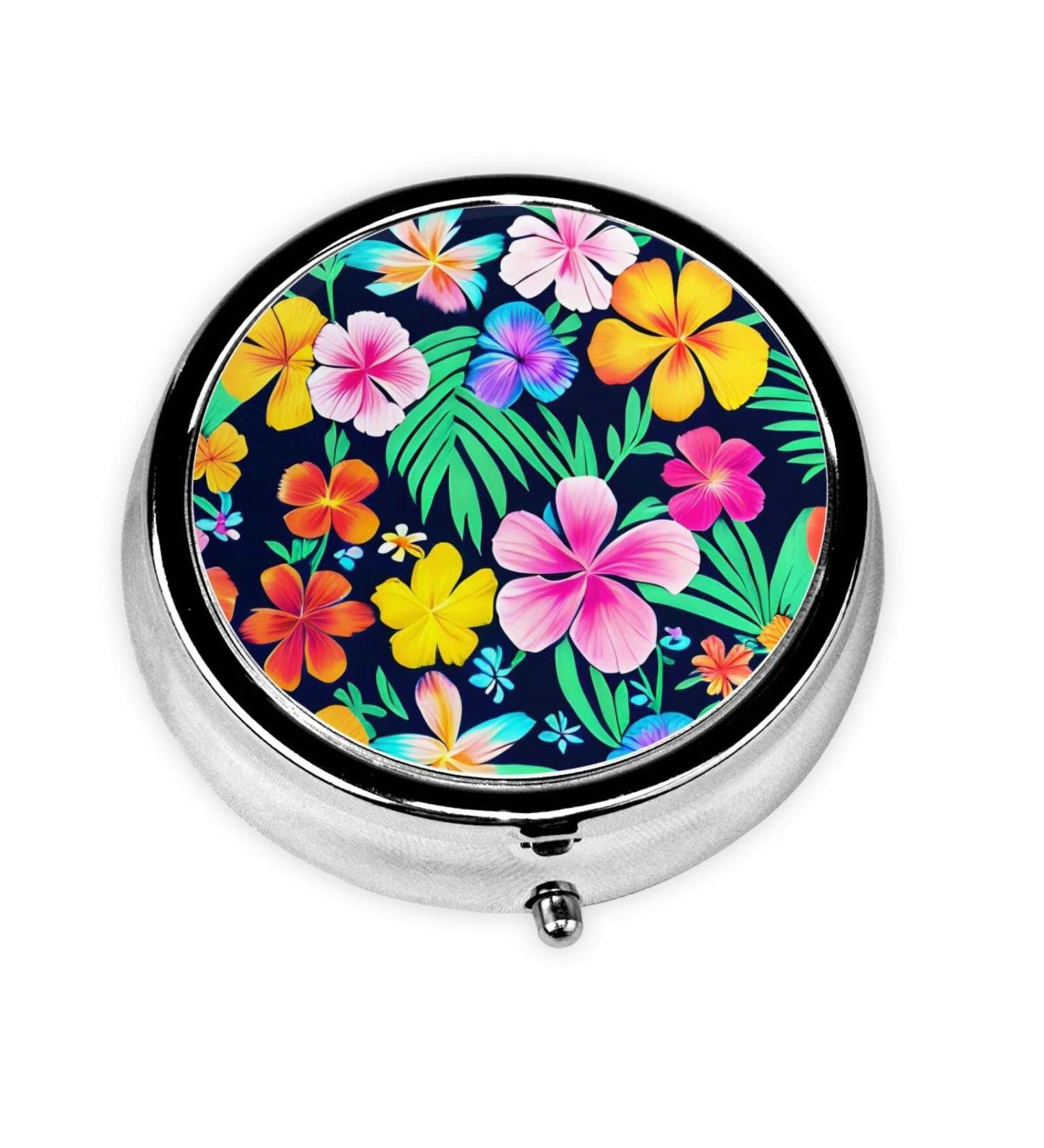 Colorful Flowers Round Pill Box | 3 Compartment Portable Organizer for Travel | International Shipping Available - Buy Online on GoSupps.com