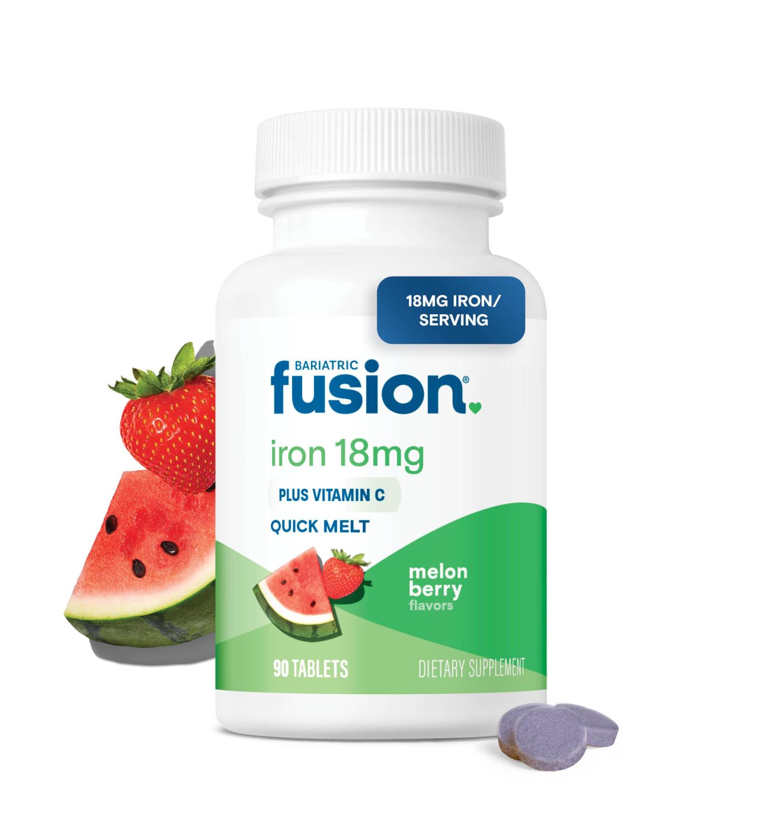 Bariatric Fusion Iron Supplement for Women Quick Melt | Sugar Free Dissolvable Chewable Iron Tablets | Ferrous Fumarate 18 mg Iron with Vitamin C | Melon Berry | Gluten Dairy and Soy Free | 90 Count - Buy Online on GoSupps.com