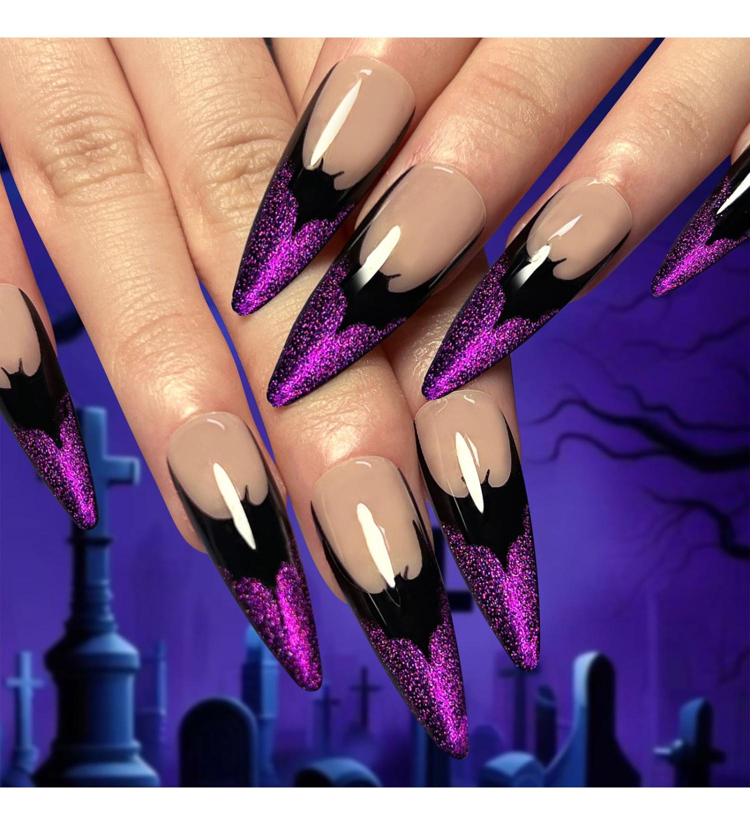 Halloween Bats Press-On Nails | 24 Pcs Glossy Purple Glitter French Tips | Long Stiletto Acrylic Fake Nails for Women & Girls - Buy Online on GoSupps.com