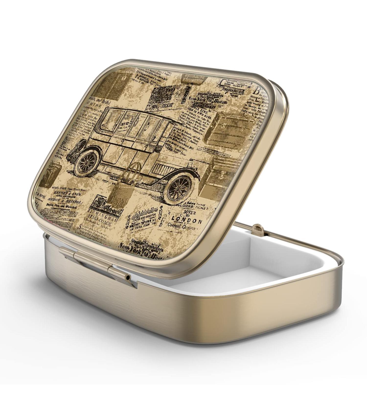 Retro Bronze Pill Box with Mirror - 2 Compartment Small Box for Vitamins & Supplements | F-17 Vintage Map Design - Buy Online on GoSupps.com