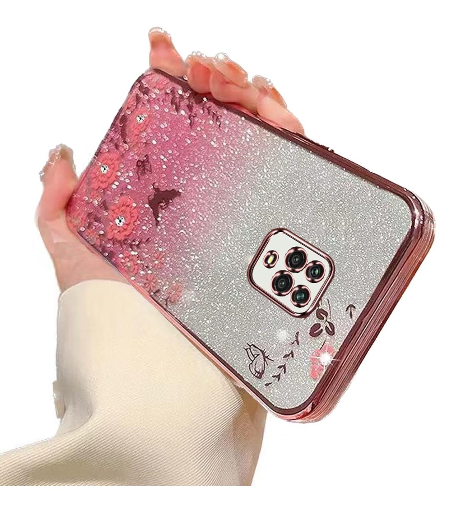 Tivenfezk Nadoli Glitter Diamond Case for Xiaomi Redmi Note 9S - Sparkle Flower Butterfly Soft Gradient Silicone Cover - Protective Pink Rhino Etui - Buy Online on GoSupps.com