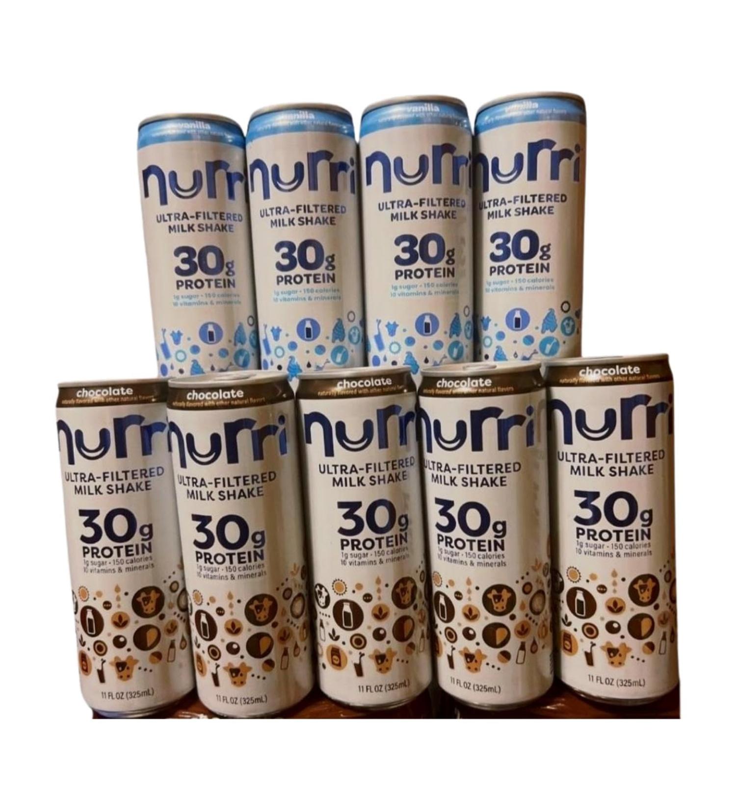 5-Chocolate and 4-Vanilla-nurri. Ultra-Filtered Milk Shake 30g Protein 1g Sugar 150 Calories 10 Vitamins and Minerals Per Can | 9-11 Fl Oz Cans Per Package Grade A Lactose-Free - Buy Online on GoSupps.com