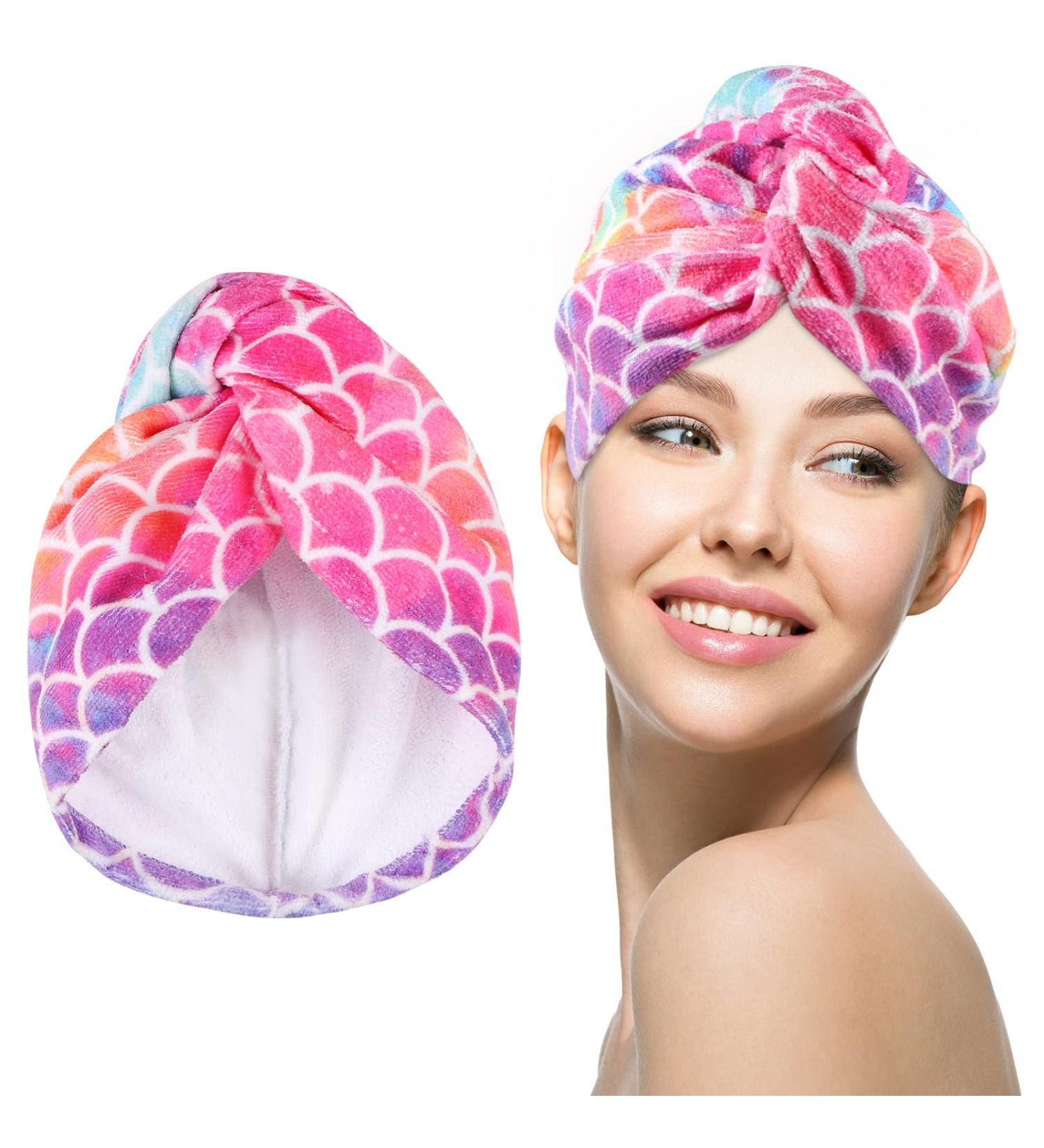 Microfiber Hair Drying Towel Wrap - Super Absorbent Turban for Girls, Women, and Kids - Anti Frizz Hair Shower Cap - Mermaid Design - Buy Online on GoSupps.com