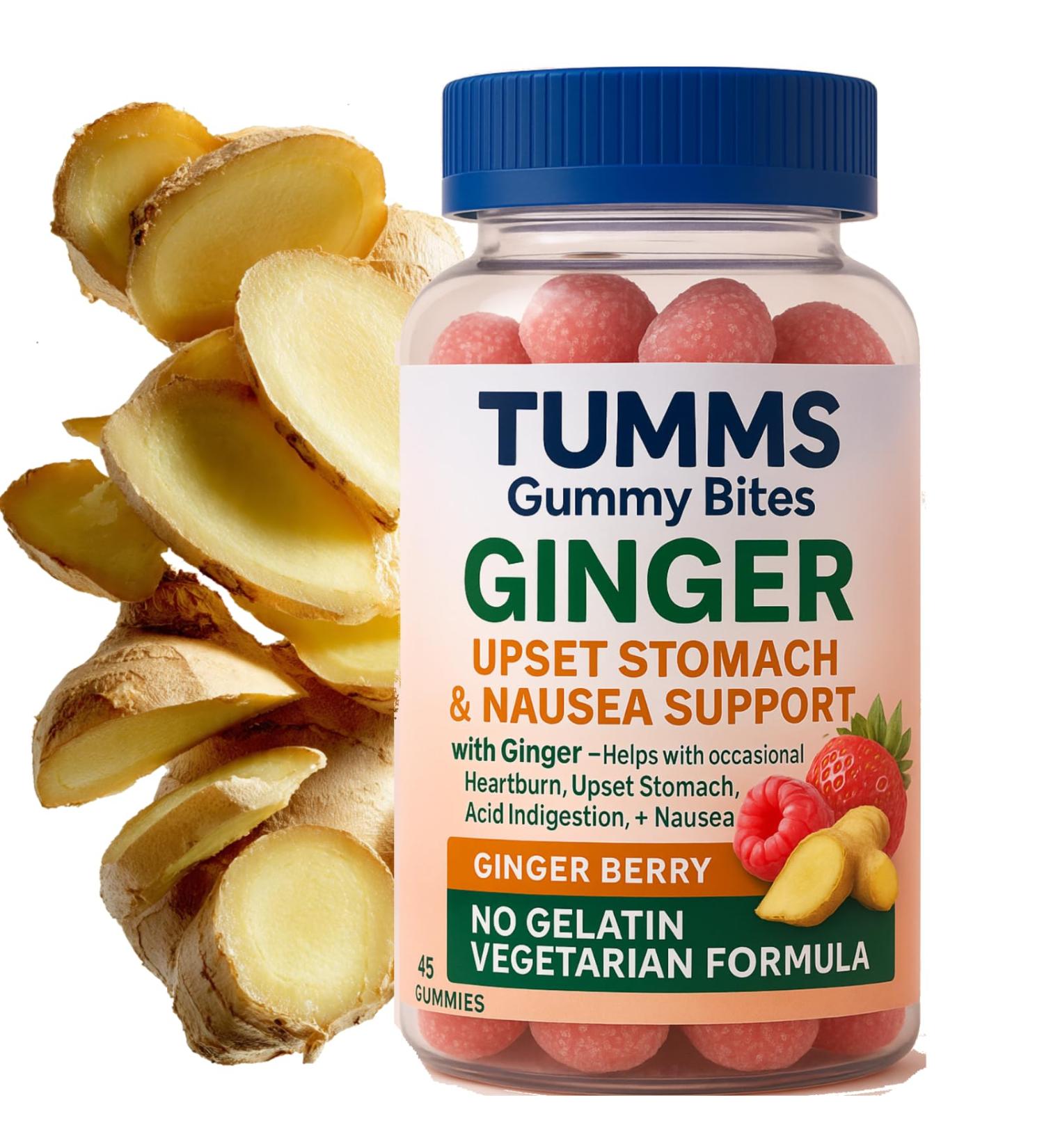 THREE PEBBLES Antacid with Ginger - 45 Vegan Giner Berry Antacid Gummies for Nausea and Upset Stomach - Buy Online on GoSupps.com