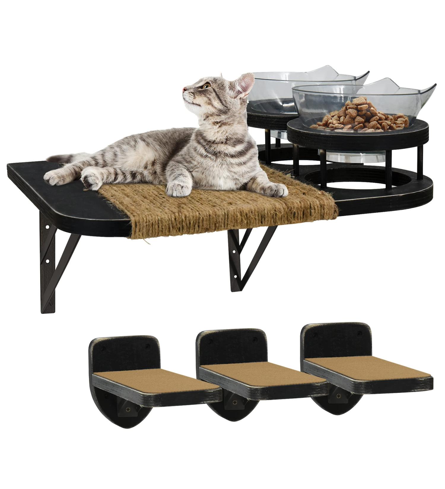 Cat Hammock & Wall Shelves with 3 Steps, Perches, and Food Shelf - Climbing, Scratching Post, and Plush Covered Steps for Indoor Cats - Black - Buy Online on GoSupps.com