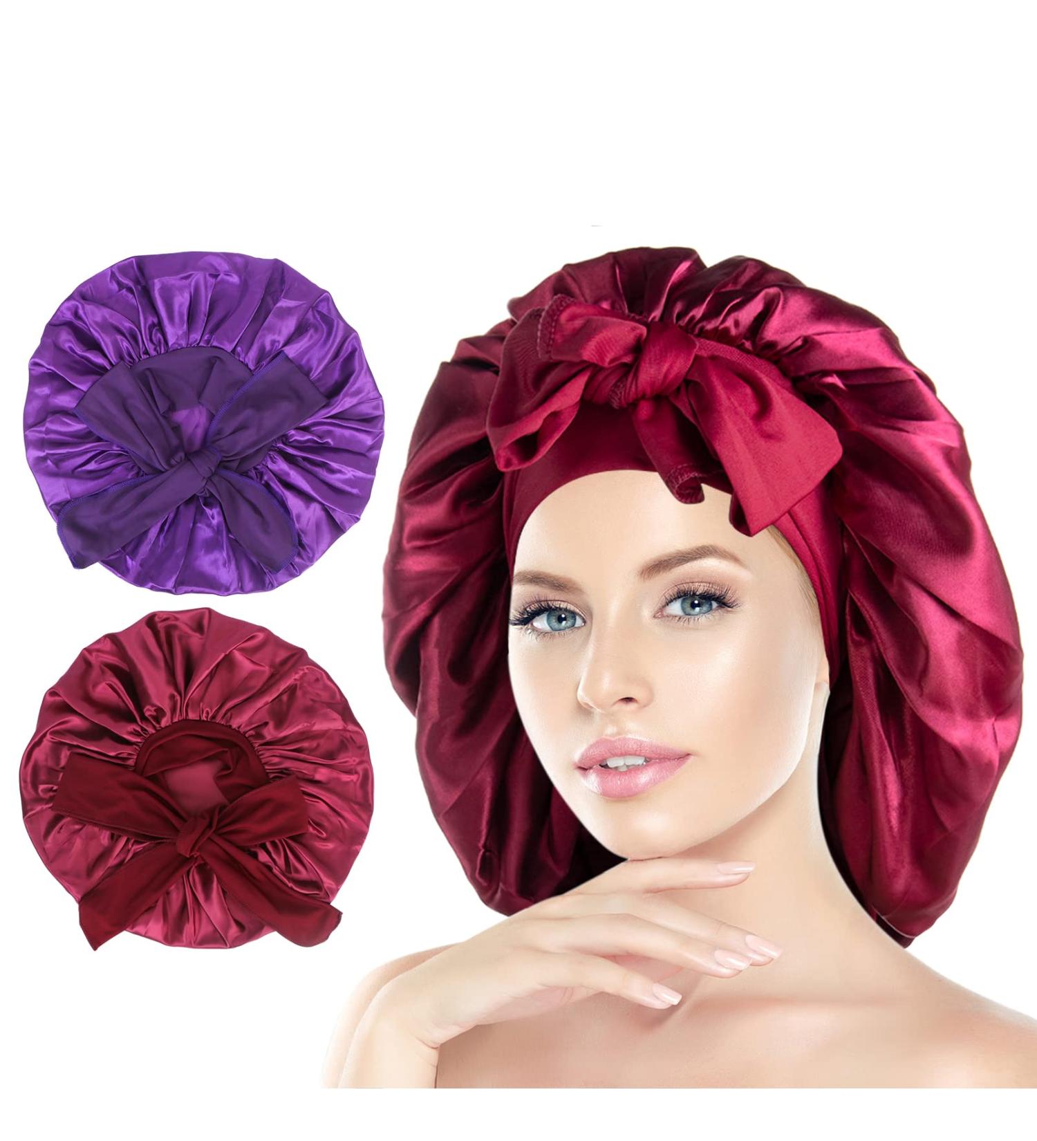 Arqumi Silk Bonnet 2PCS Large Adjustable Satin Hair Wrap for Sleeping | Elastic Stay On Cap for Long Curly Hair | Women's Hair Care - Purple & Wine Red - Buy Online on GoSupps.com