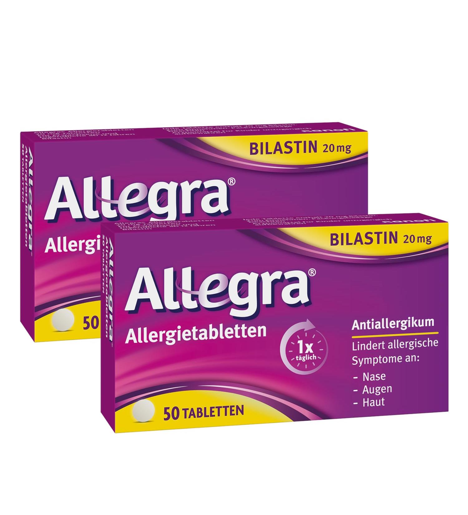 Allegra Allergy Tablets 2 x 50 pcs - Fast & 24-Hour Relief from Hay Fever Animal Hair Mold Allergy - Antihistamine with Bilastin - Buy Online on GoSupps.com