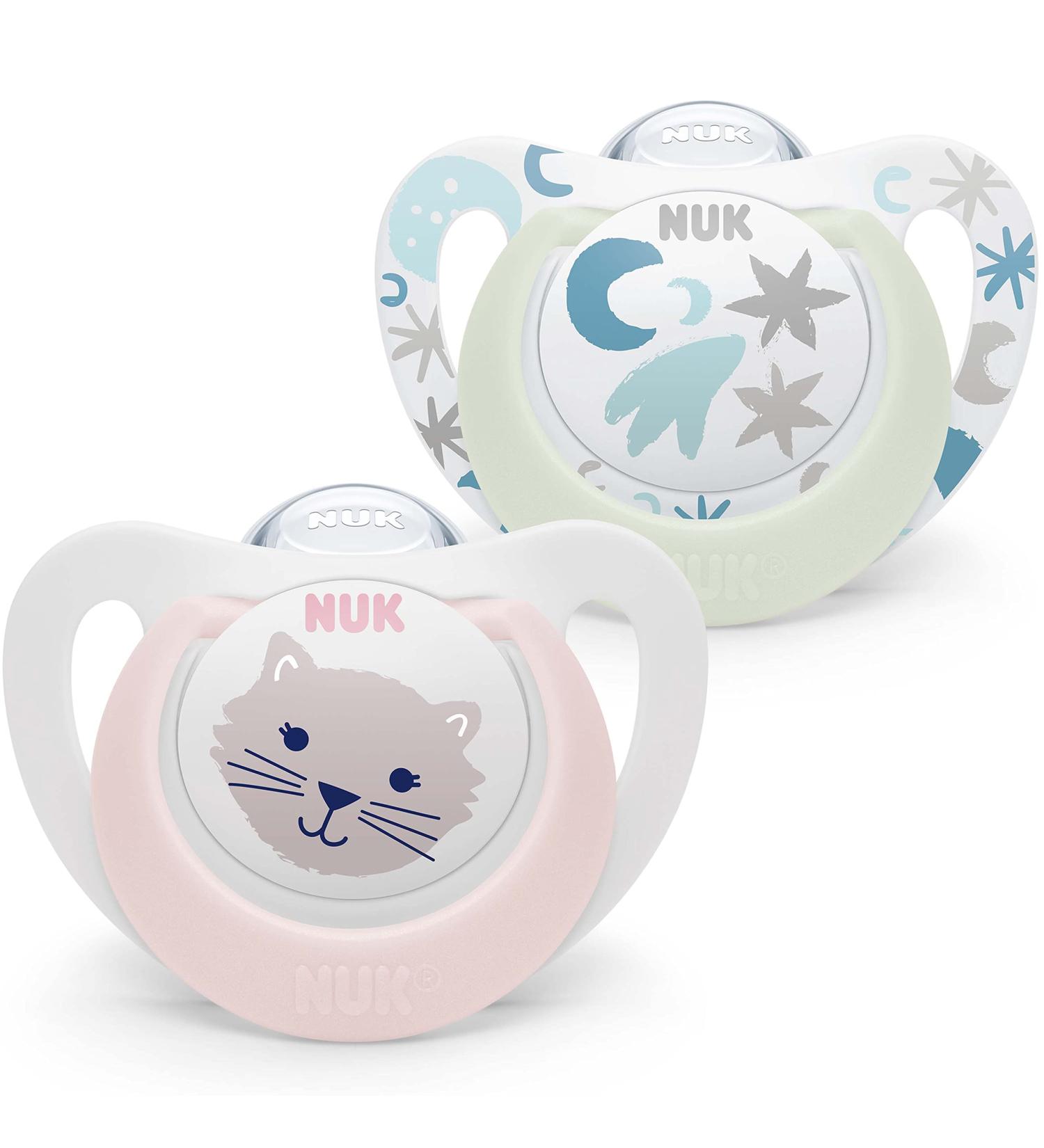 Nuk Star Baby Pacifier Night & Day 0-6 Months - Glow in the Dark BPA-Free Silicone Pink Cat Design 2 Pack for Girls - Buy Online on GoSupps.com