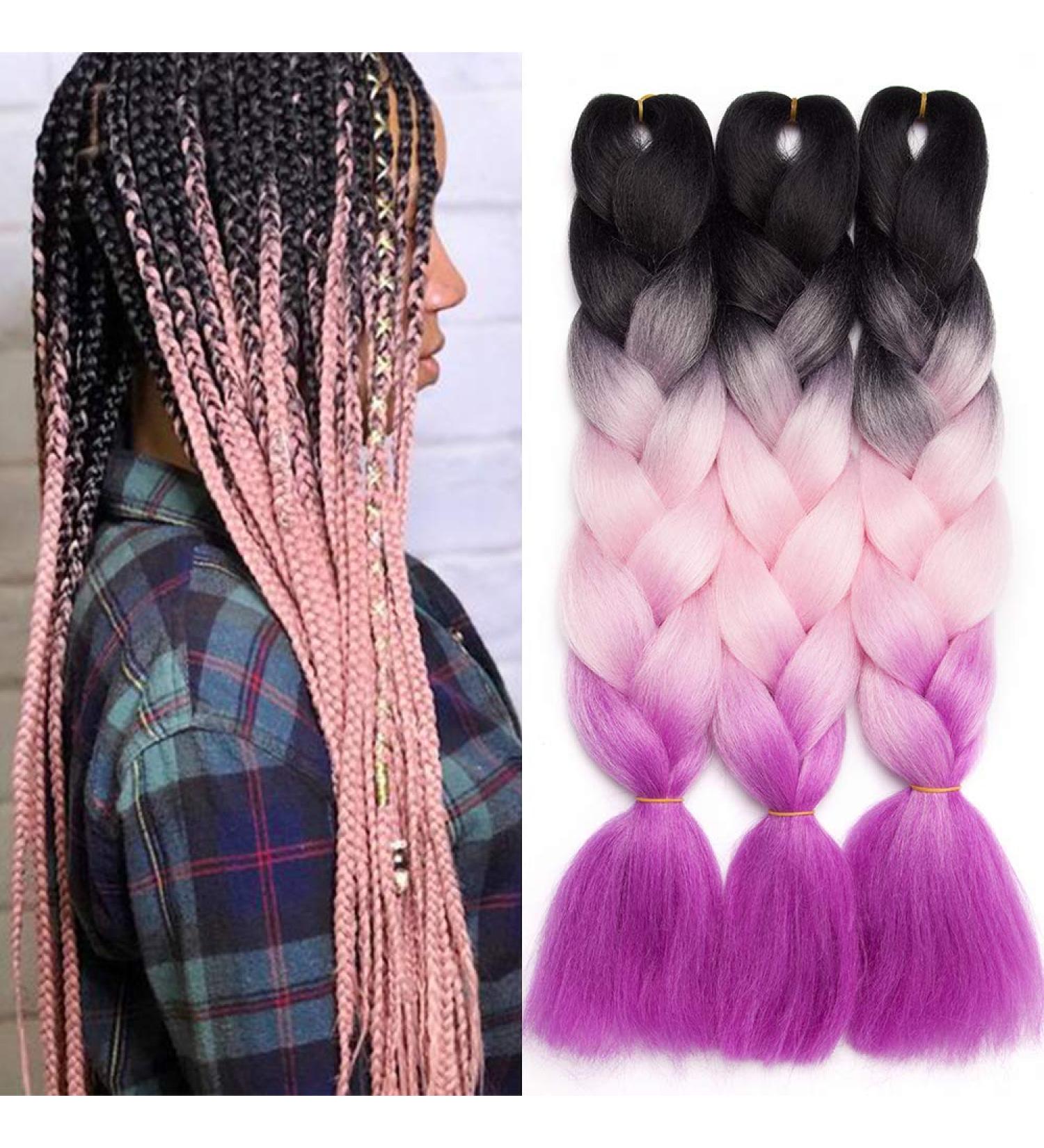 Tess Braids Extensions Ombre 60 cm - 3 Pack Jumbo Kanecalon Hair for Box Braids - Black/Purple Ombre - 100g per Bundle - Buy Online on GoSupps.com