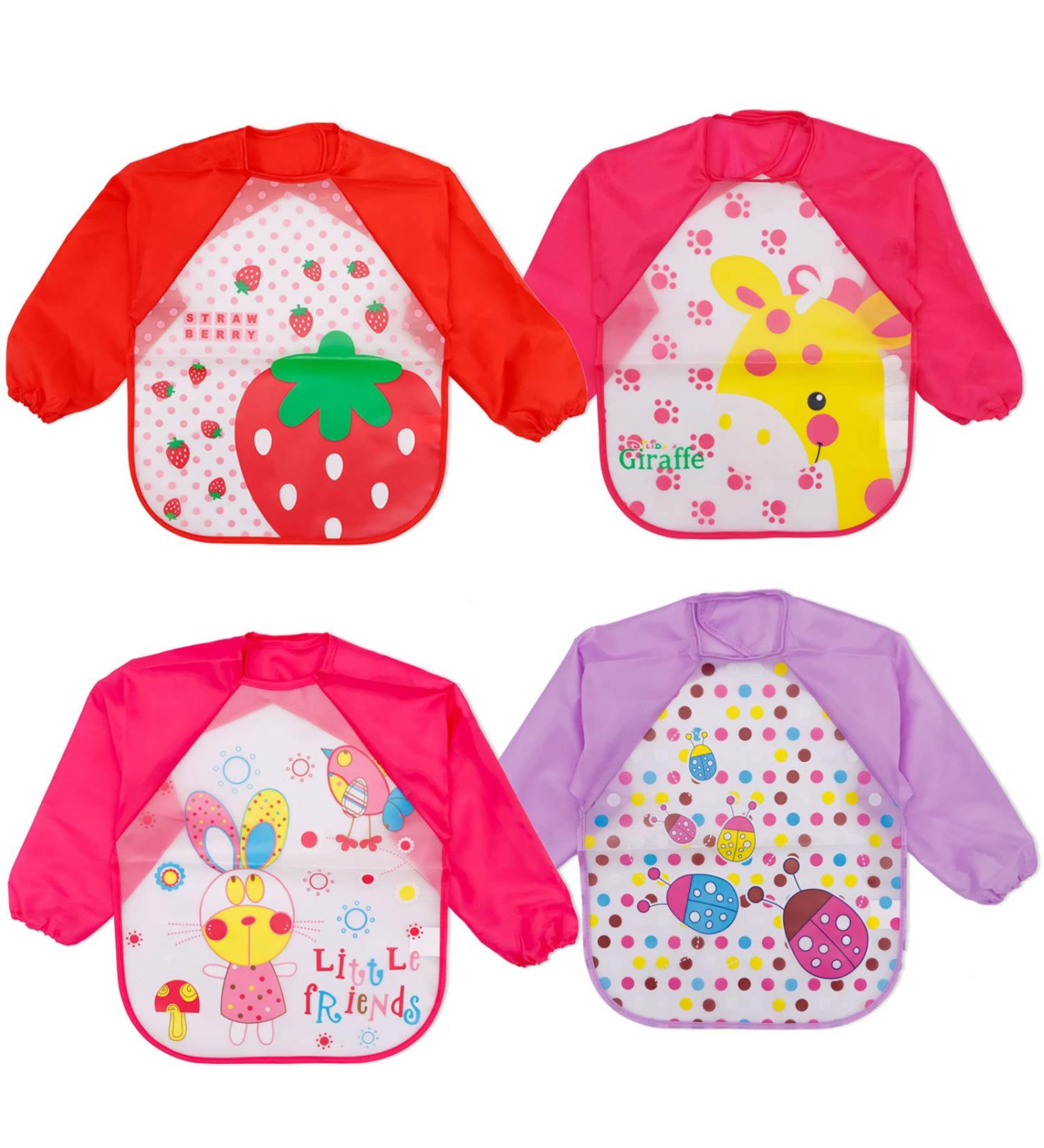 Baogaier Waterproof Baby Bibs with Long Sleeves - 4 Pack | Easy Clean, Ideal for Weaning and Feeding | Cute Animal Designs - Rabbit, Strawberry, Giraffe, Ladybug (Pink) - Buy Online on GoSupps.com