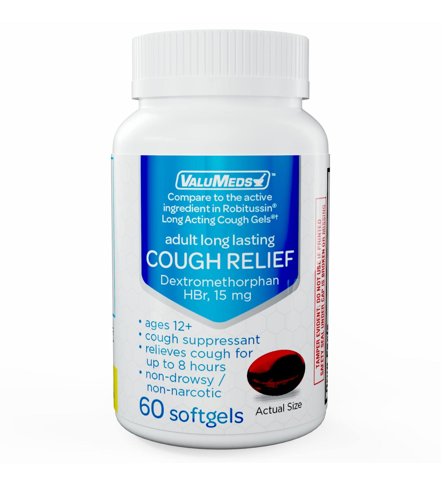 ValuMeds Cough Relief Softgels | Dextromethorphan HBr Cold Medicine for Adults | 8-Hour Non-Drowsy Sore Throat and Bronchial Suppressant | 60 Softgels - Buy Online on GoSupps.com