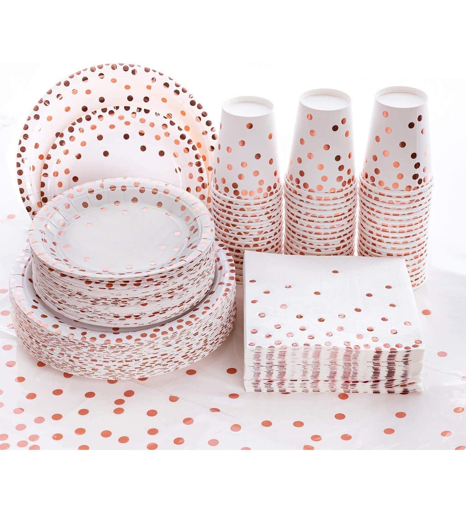 201 PCS Disposable Plates Rose Gold Party Supplies Polka Dots Paper Plates include 50 Dinner Plates 50 Dessert Plates 50 Napkins 50 Cups 1 Plastic Tablecloth for Baby Shower Wedding Birthday - Buy Online on GoSupps.com
