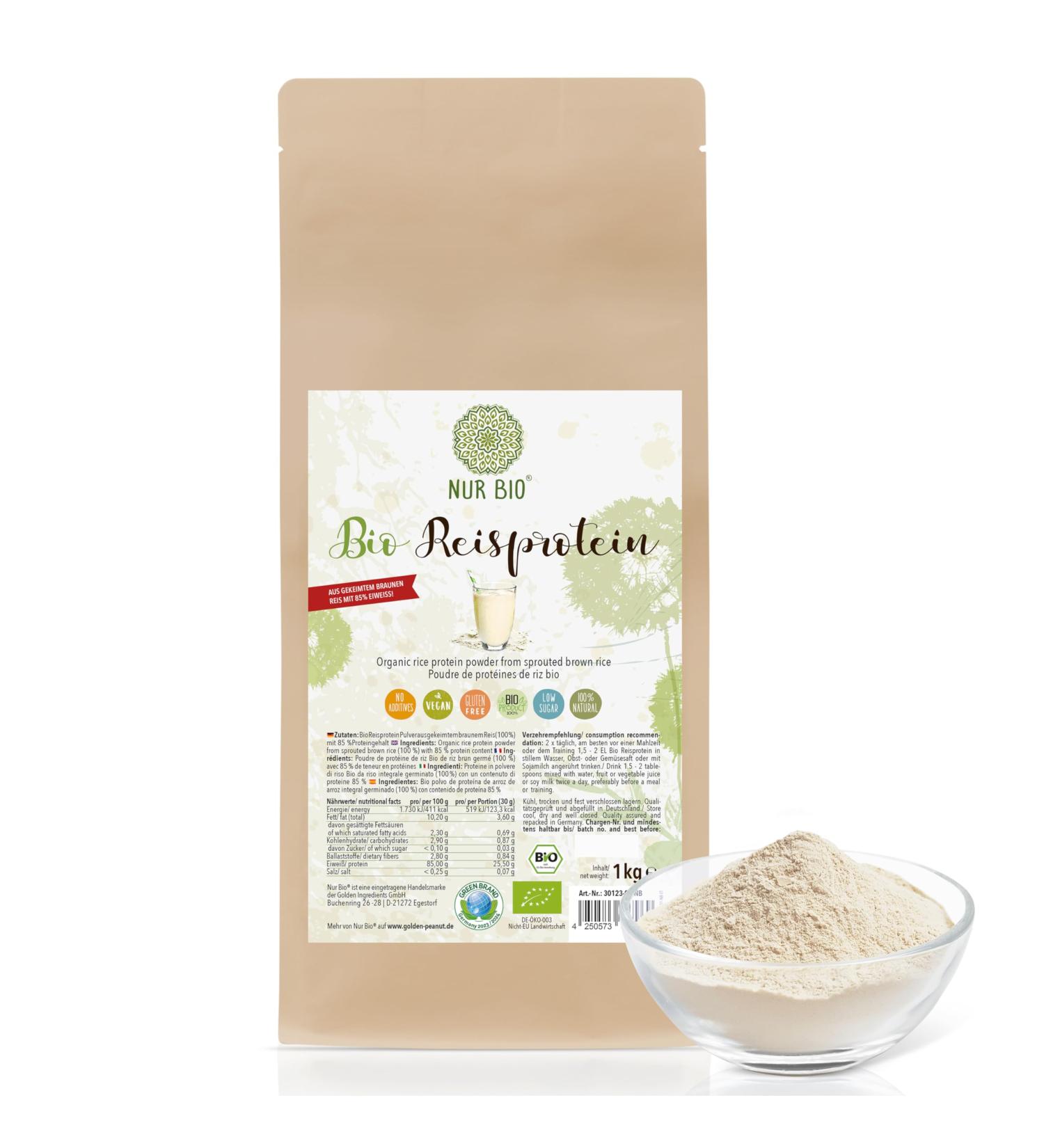 NUR BIO Rice Protein 1kg 85% Protein Pure Plant Protein from Brown Sprouted Rice - Buy Online on GoSupps.com