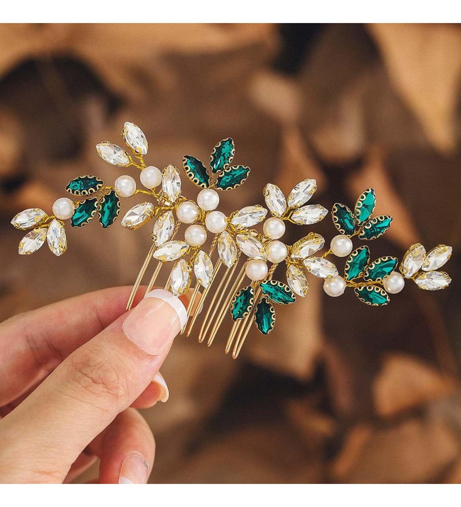 IYOU Crystal Wedding Side Comb Green Rhinestone Bride Hair Combs Pearl Prom Bridesmaid Bridal Hair Accessories for Women - Buy Online on GoSupps.com