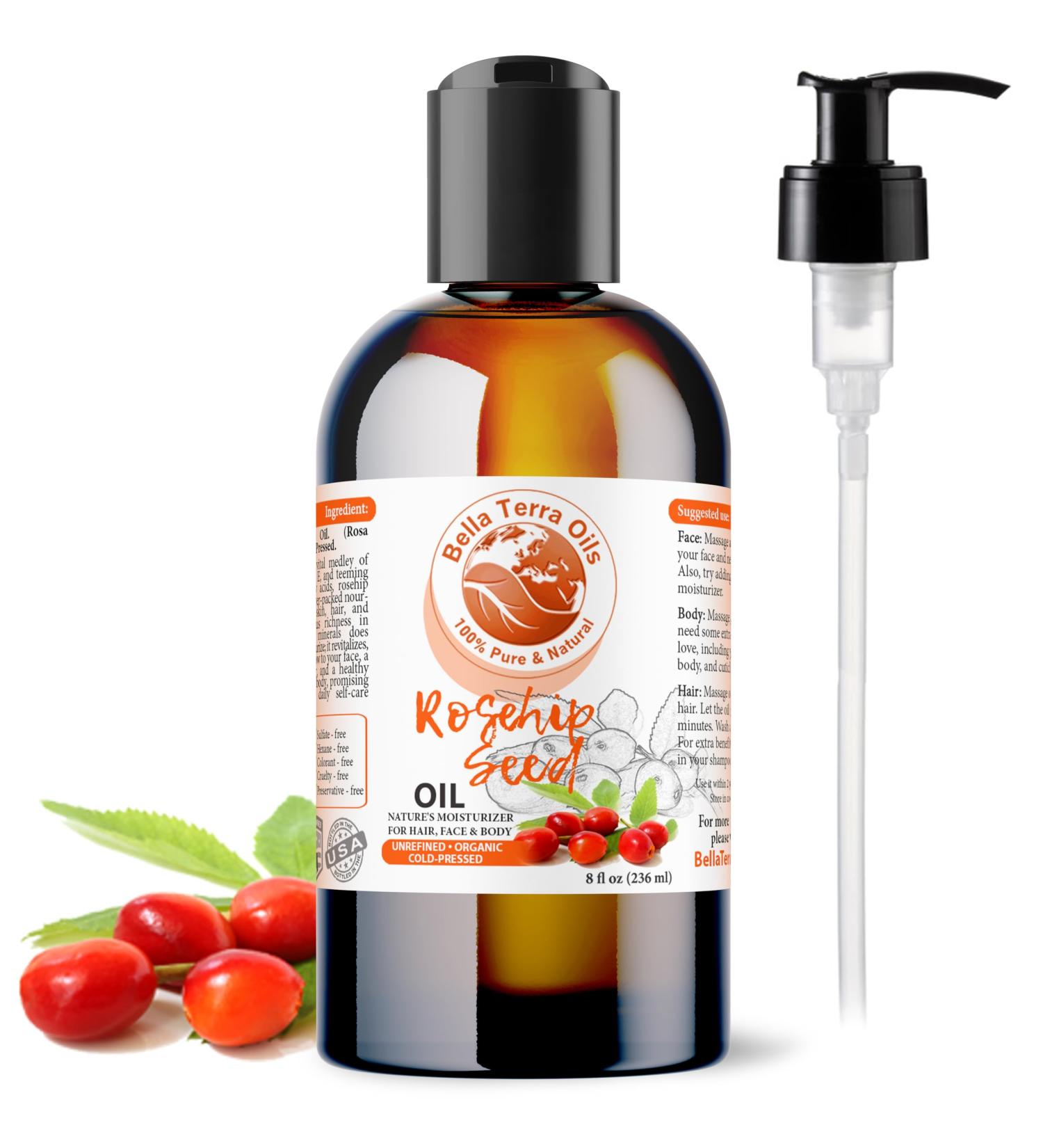 Bella Terra Oils Organic Rosehip Oil for Face Pure Cold-Pressed Rose Hip Seed Oil for Skin & Hair Natural Moisturizer & Anti-Aging Facial Oil 8oz 8 Fl Oz (Pack of 1) - Buy Online on GoSupps.com