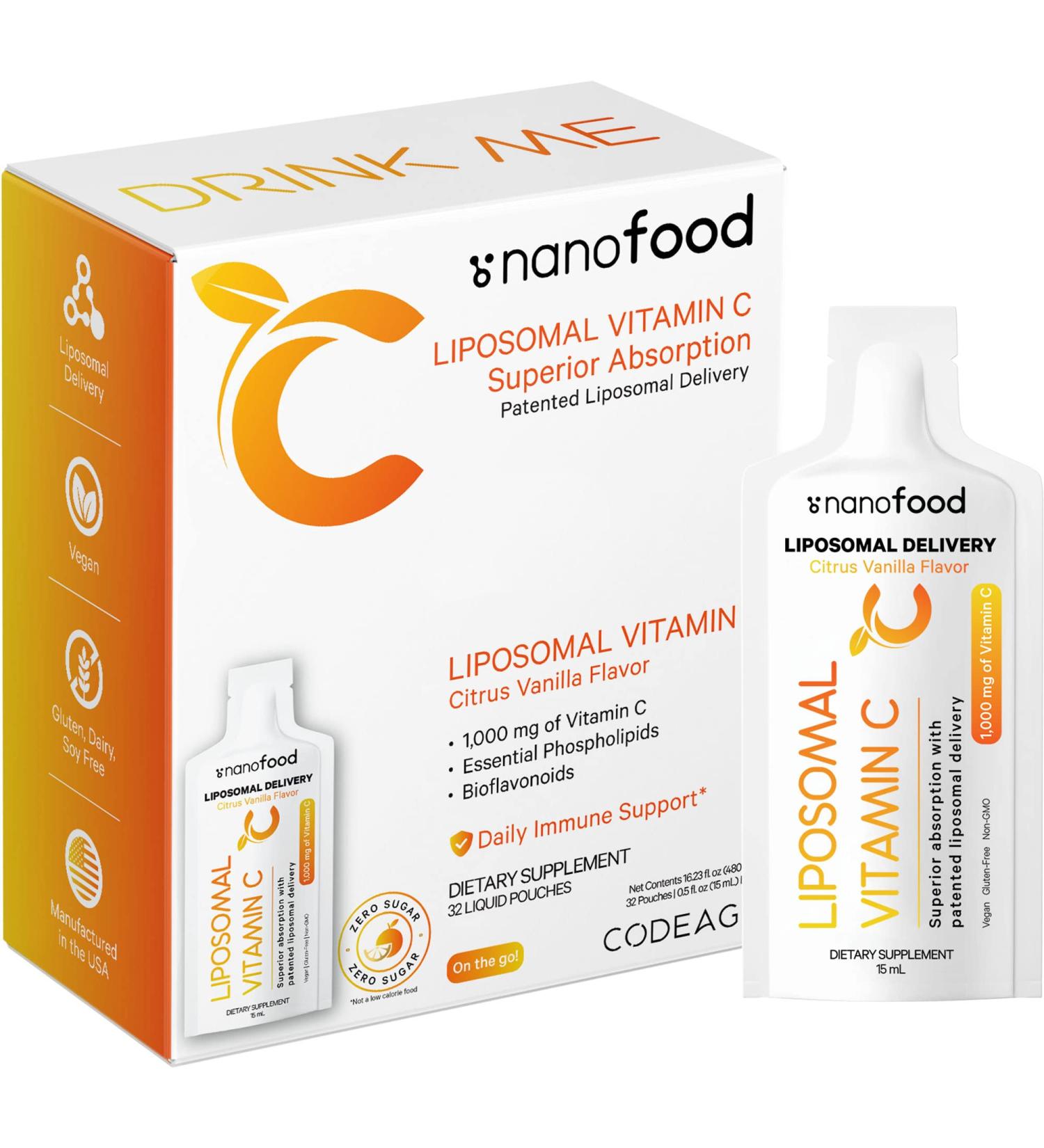 Codeage Liposomal Vitamin C Liquid 1000mg with Essential Phospholipids - Daily Immune Support Supplement with Liposomes for Superior Absorption - Non-GMO, Citrus Bioflavonoids, Vitamin E - 32 Pouches - Buy Online on GoSupps.com
