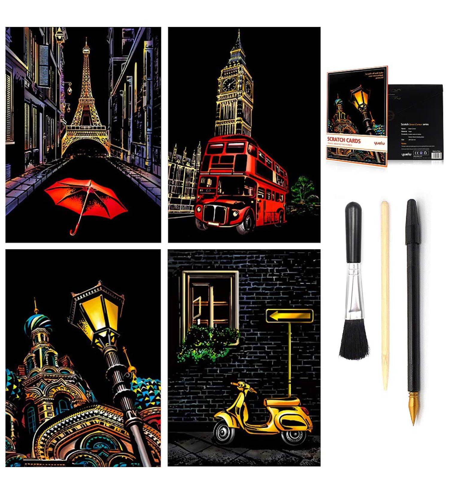 Rainbow Scratch Art Paper Set | A4 Size for Kids & Adults | Night View Scratchboard | Engraving & Painting Art Kit with 4 Cards, Drawing Pen & Brush | Street Corner Design - Buy Online on GoSupps.com