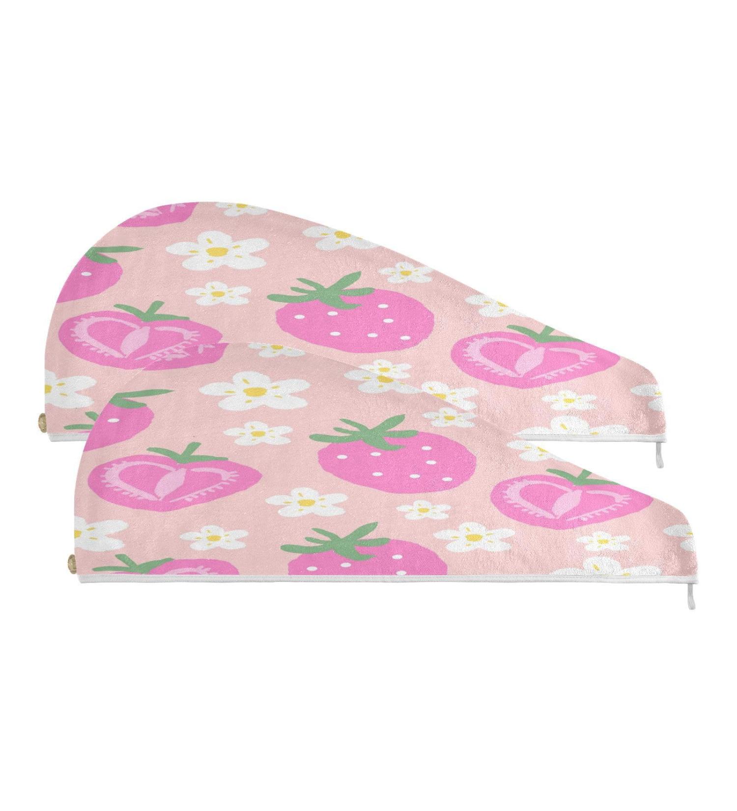 Cute Strawberry Dry Hair Cap | 2-Piece Quick Drying Towel Set with Button Headband | Super Absorbent & Soft for Ultimate Comfort | International Shipping Available - Buy Online on GoSupps.com