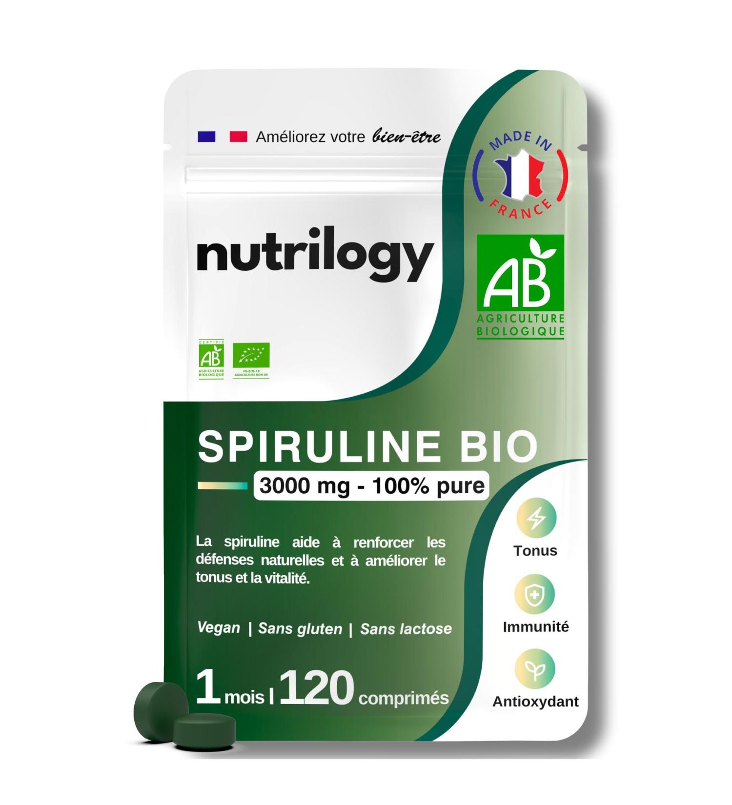 Spiruline Bio 3000mg 100% Pure & sans m taux lourds | Immunit Tonus & Antioxydant | 1 mois - 120 comprim s | Riche en Fer & Prot ines | Super Aliment Naturel & Fabriqu en France | NUTRILOGY - Buy Online on GoSupps.com