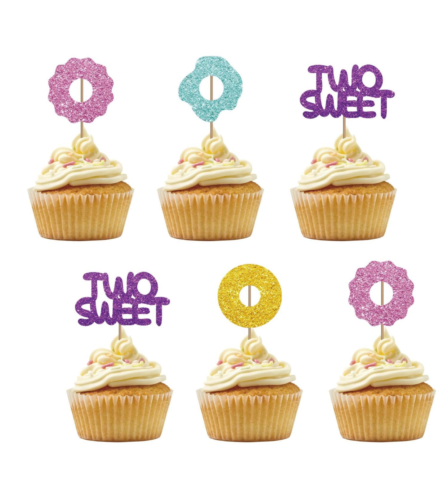 Set of 24 Two Sweet Cupcake Toppers Pink&Gold Glitter Donut Sign Cupcake Picks 2nd Birthday Cake Decorations Second Birthday/Baby Shower Party Supplies - Buy Online on GoSupps.com