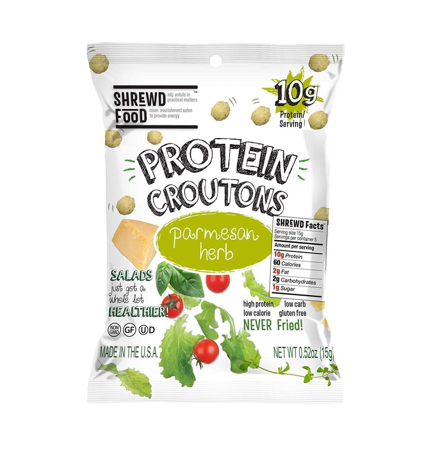 Shrewd Food Keto Protein Croutons - High Protein, Low Carb Snacks - Gluten Free, Real Cheese - 10g Protein, 2g Carbs, 60 Calories - Parmesan Herb (Pack of 10) - Buy Online on GoSupps.com