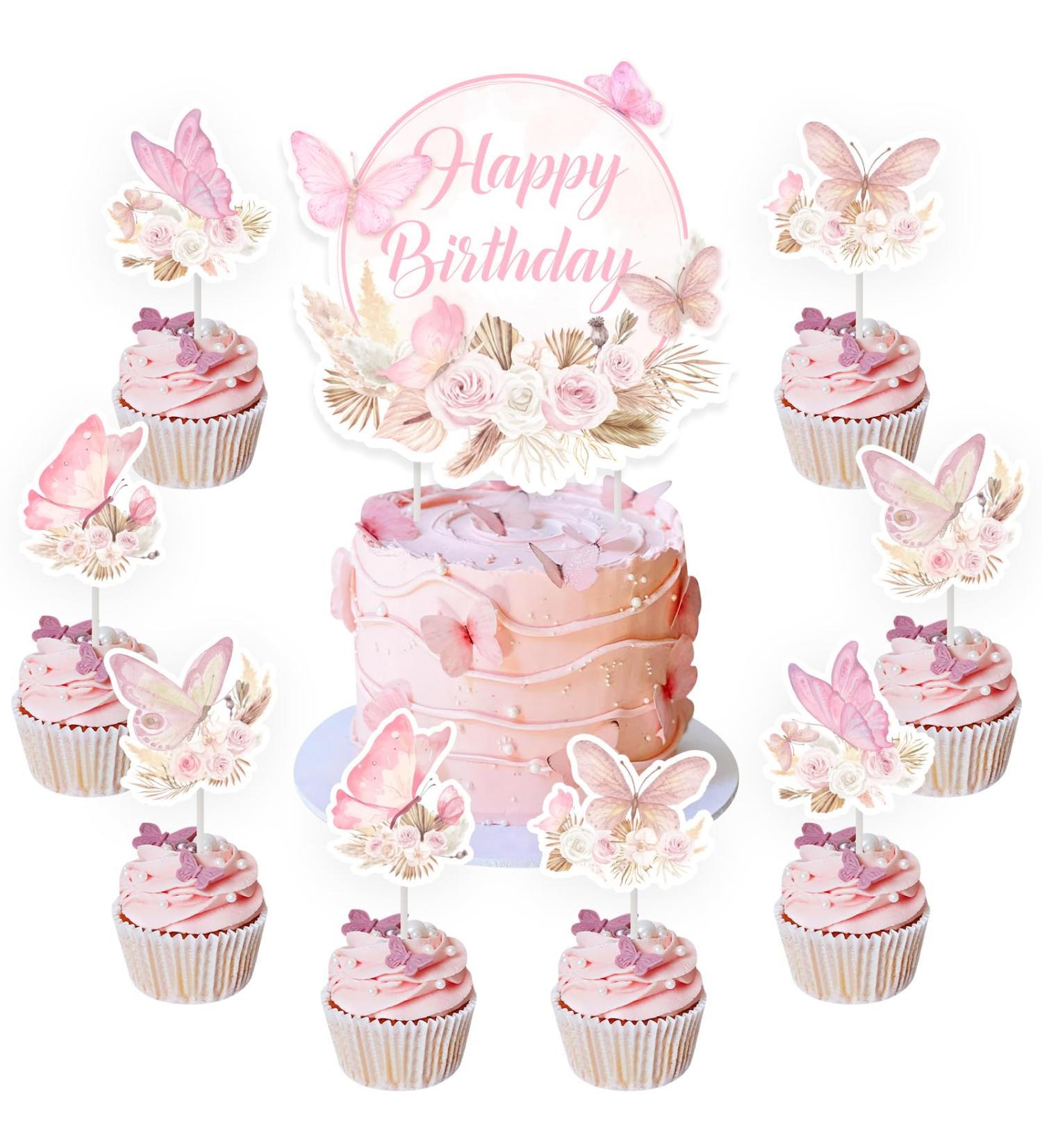 Butterfly Happy Birthday Cake Toppers Set 24 Pcs Butterfly Cupcake Picks with 1 Pc Pink Boho Cake Topper Girls Birthday Party Decorations Supplies - Buy Online on GoSupps.com