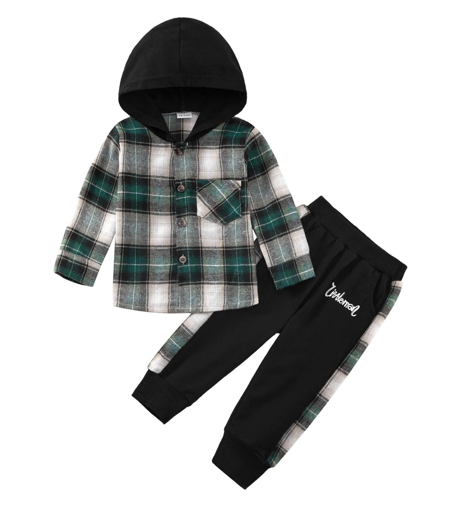 Naiyafly Toddler Boys Hoodie and Pants Set | Kids Long Sleeve Hooded Sweatshirt Outfit | Children's Button Down Tracksuit | Boys School Playsuit 5-6 Years Green Plaid - Buy Online on GoSupps.com