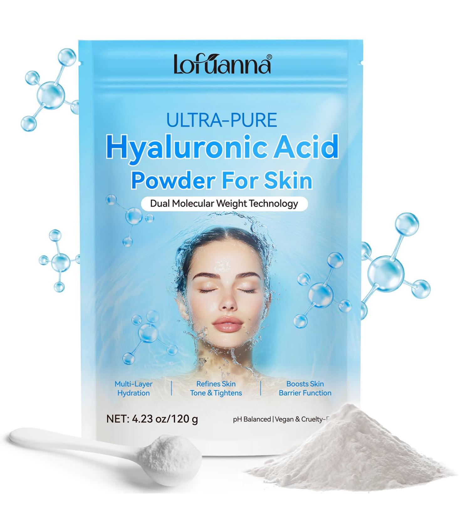 lofuanna Hyaluronic Acid Powder Pure Hyaluronic Acid Powder for Skin Water-Soluble DIY Facial Serum for Face Hydration & Moisture | Low Molecular Weight - Buy Online on GoSupps.com