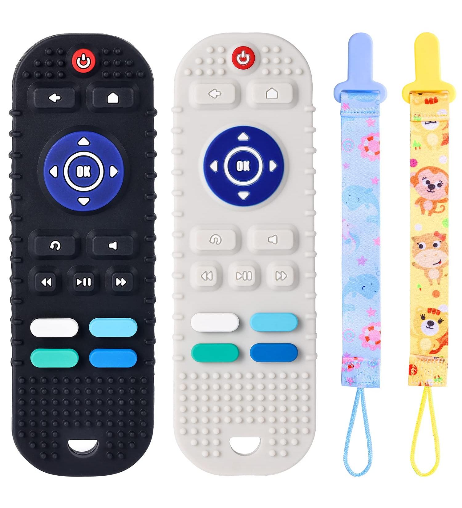 Silicone TV Remote Teething Toys for Babies 6-12 Months - 2 Pack with Pacifier Clips - BPA Free Infant Chew Toys - Ideal Gift for Boys and Girls - Buy Online on GoSupps.com