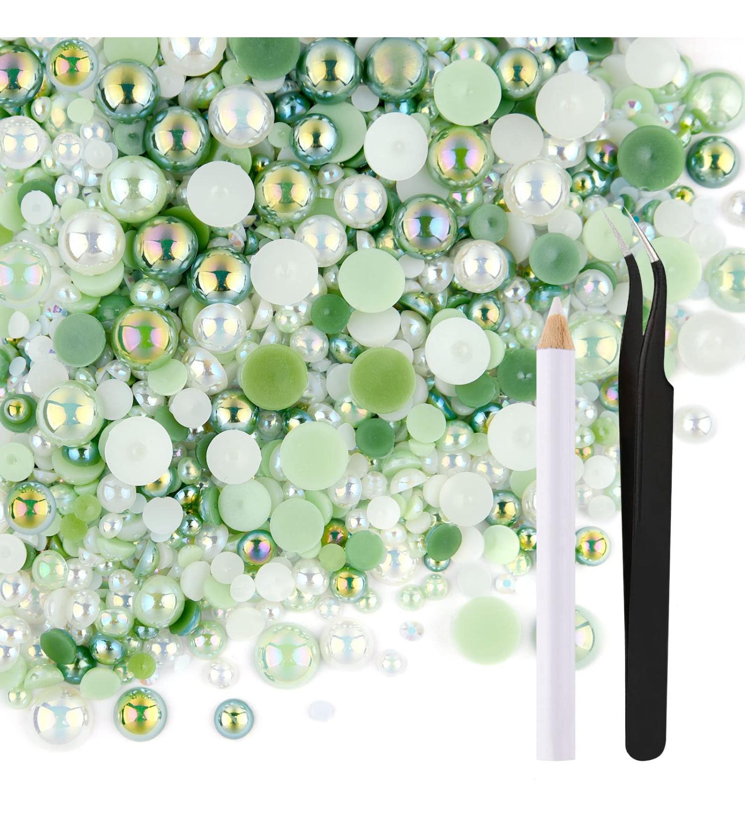 Astaron 50g Fresh Green Half Pearls & Glittering Stones for Handicrafts | 3mm-10mm Flatback Pearls & Rhinestones for DIY Art Nails Shoes & Clothing - Buy Online on GoSupps.com