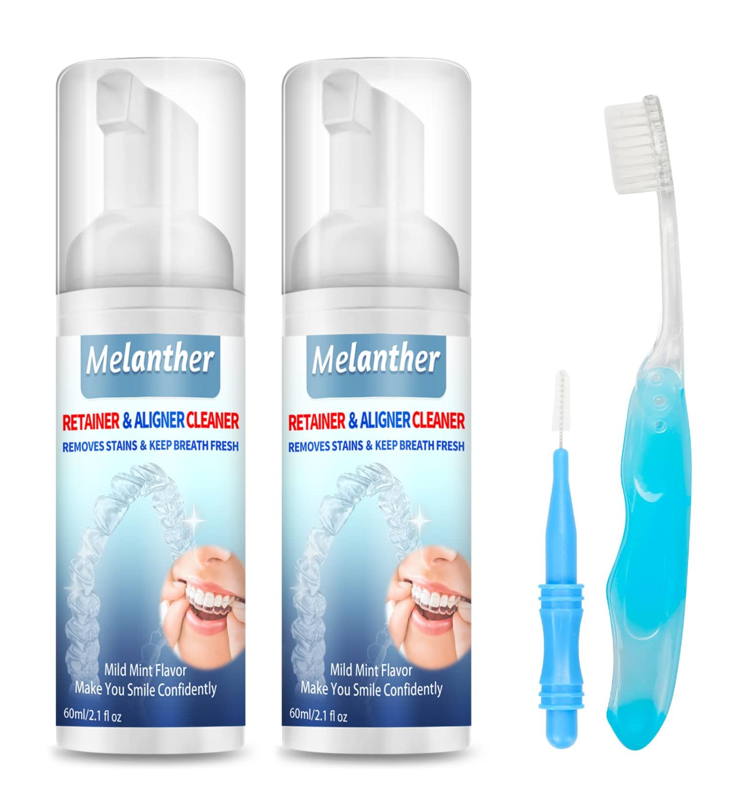 Melanther Retainer Cleaner & Toothbrush - Braces/Aligner Whitening Foam for ClearCorrect, Essix, Vivera & Hawley Trays - Denture Cleaner (120ml) - 2 Pack - Buy Online on GoSupps.com