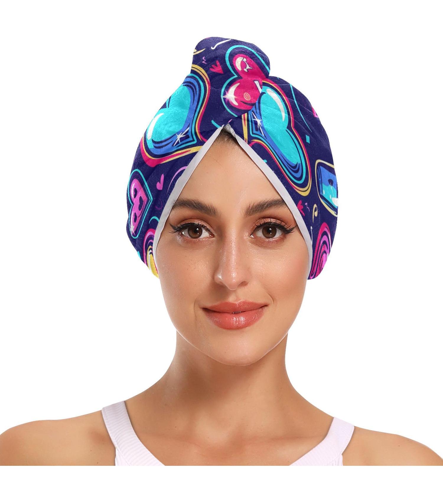 Neon Cartoon Heart Hair Towels 2 Pack | Super Absorbent Quick Dry Turbans for Women & Girls - Buy Online on GoSupps.com