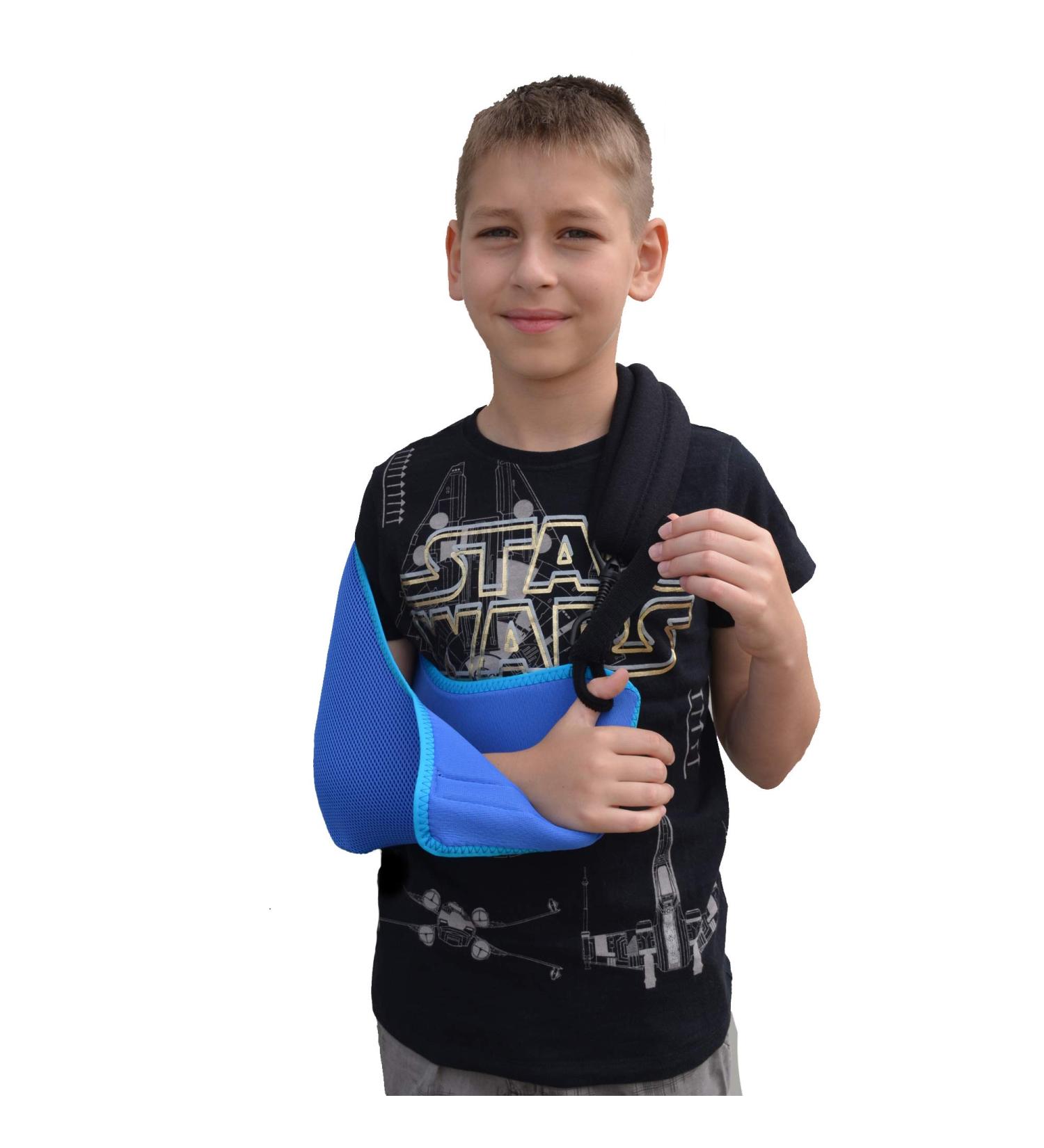 Child Arm Sling (10-11yr, Blue/Aqua Trim) - Medical Grade, Feel-Safe Design with Cooling Comfort - Includes Smiley Sticker - Fits Right or Left Arm - Buy Online on GoSupps.com