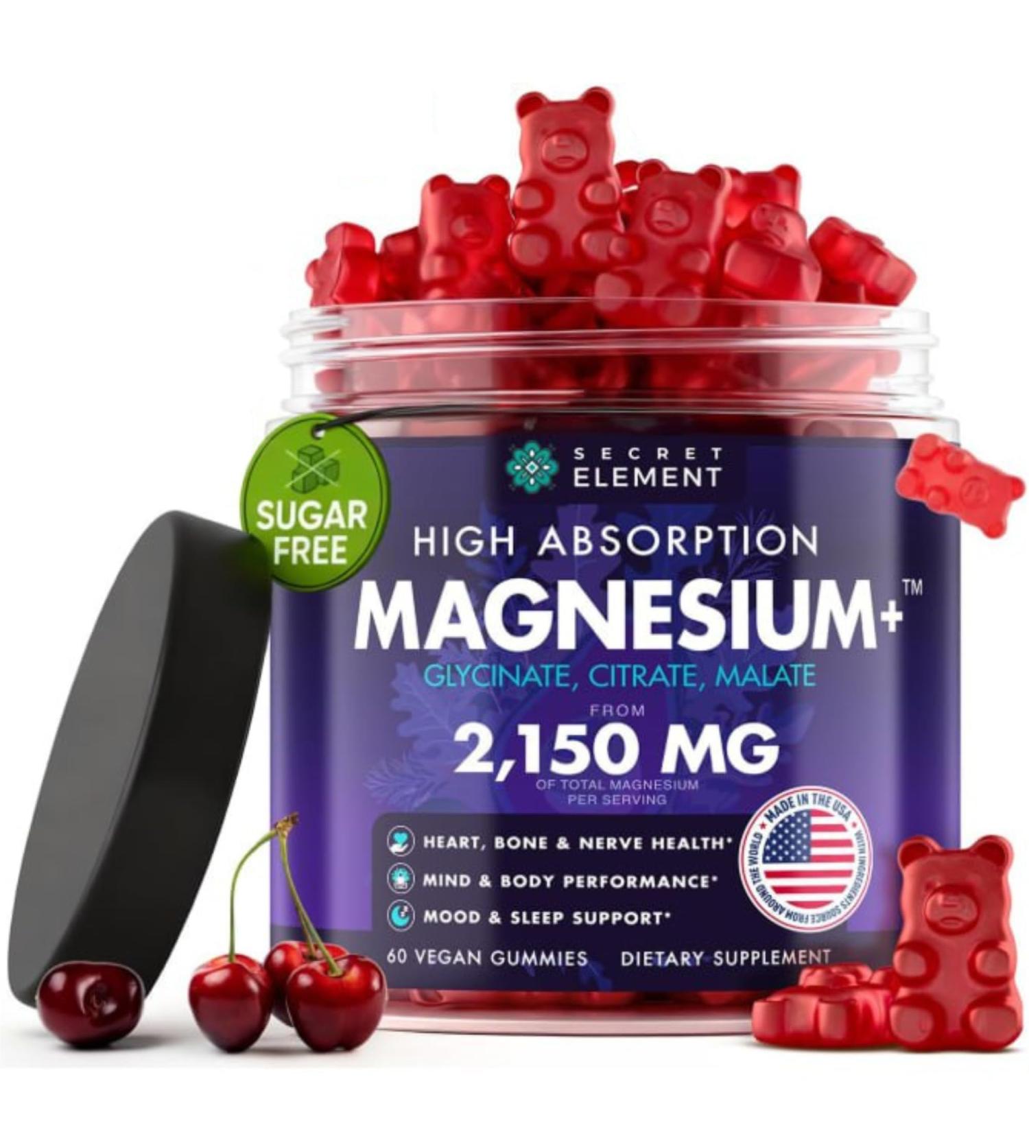 Magnesium Gummies 3 in 1 - Glycinate Citrat Malate 2150 MG High Absorption Supplement Sugar-Free Vegan Chews for Men & Women 60 Gummies Cherry Flavor Cherry 60 Count (Pack of 1) - Buy Online on GoSupps.com
