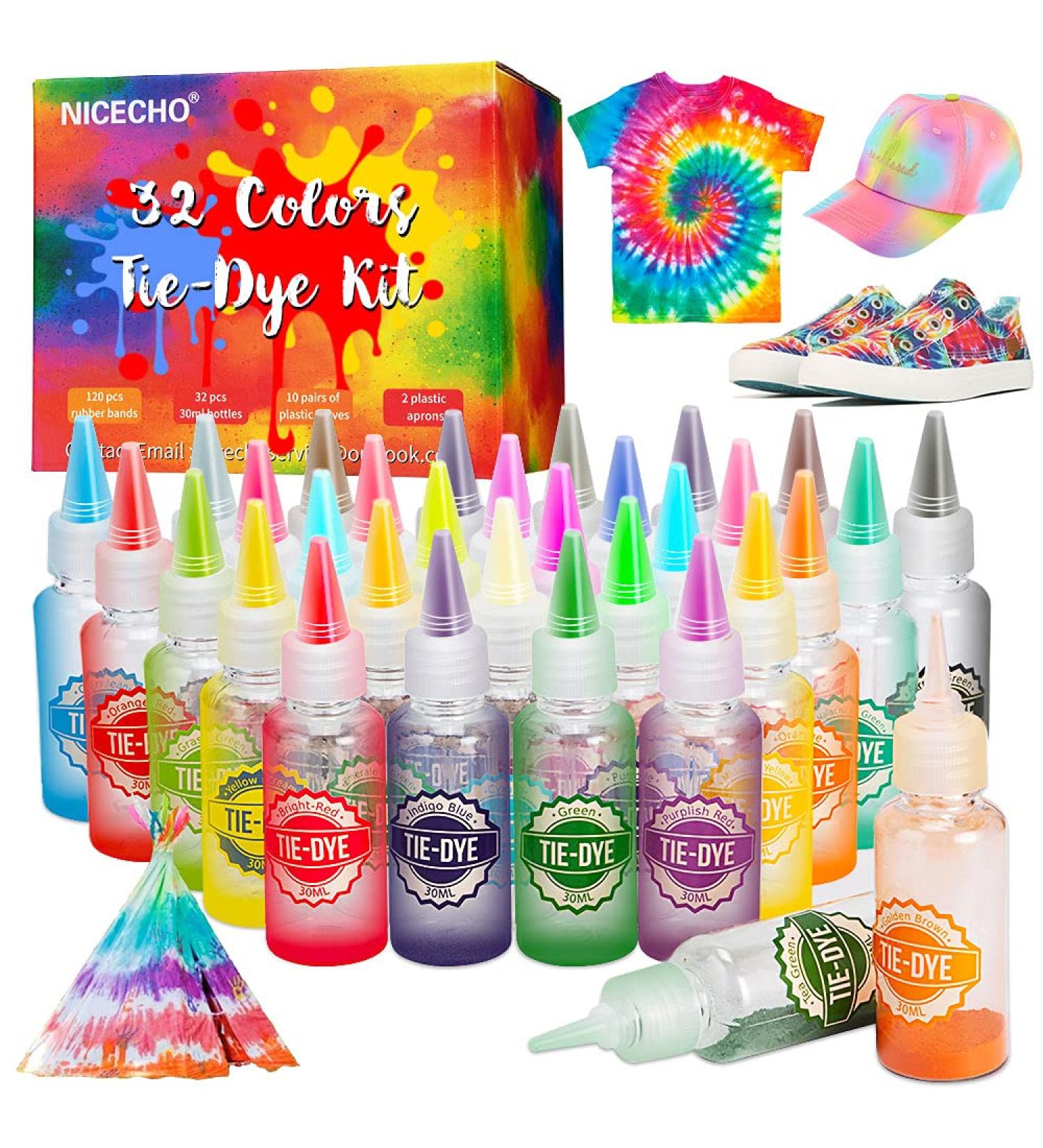 32-Color Tie Dye Kit for Kids and Adults - Complete DIY Fabric Dye Set with Pigments, Rubber Bands, Gloves, Apron, and Table Covers - Buy Online on GoSupps.com