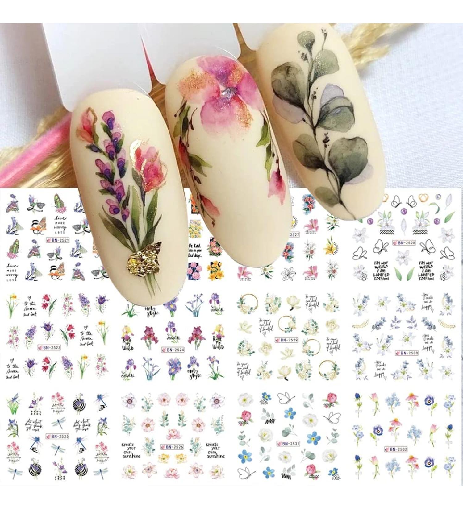 Spring Blossom Nail Sticker Decals - 12PCS Lavender Tulip Lily Flower Water Transfer Foil for DIY Manicure | Nail Art Decoration Accessory - Buy Online on GoSupps.com