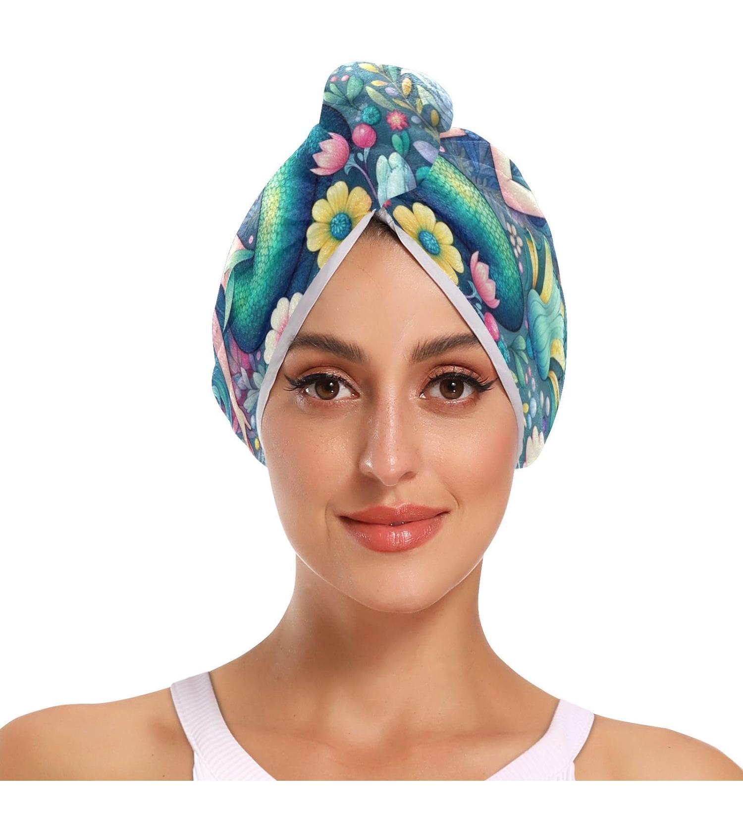 Whimsical Mermaid Hair Towel 2 Pack - Super Absorbent Quick Dry Turbans for Women & Girls | Colorful Flower Design - Buy Online on GoSupps.com