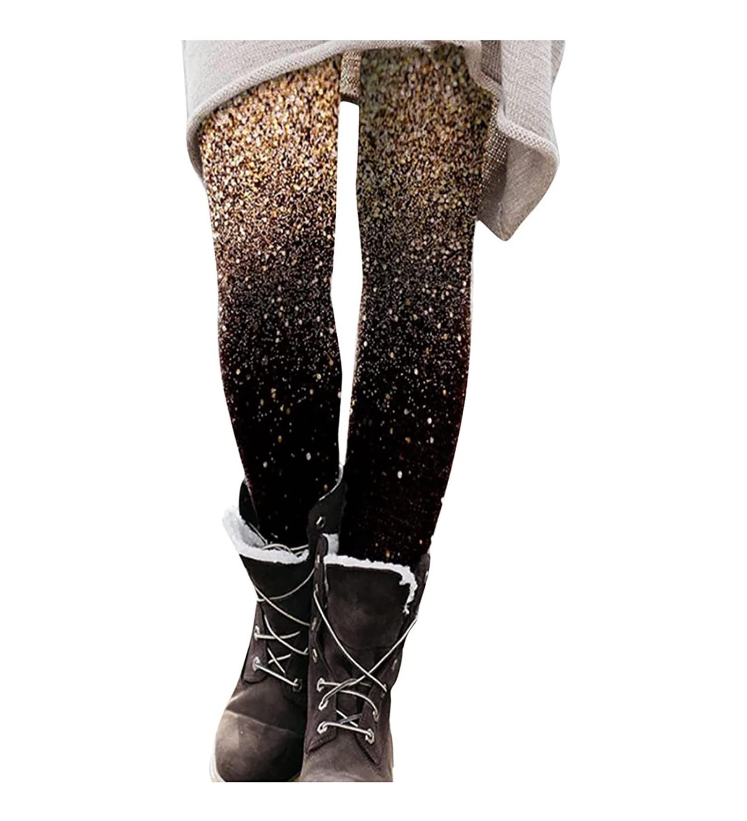 BOXIACEY Sparkling Print Leggings for Women | Fleece Lined Yoga Pants | Elastic Waist | Tapered Joggers | Large Gold - Buy Online on GoSupps.com