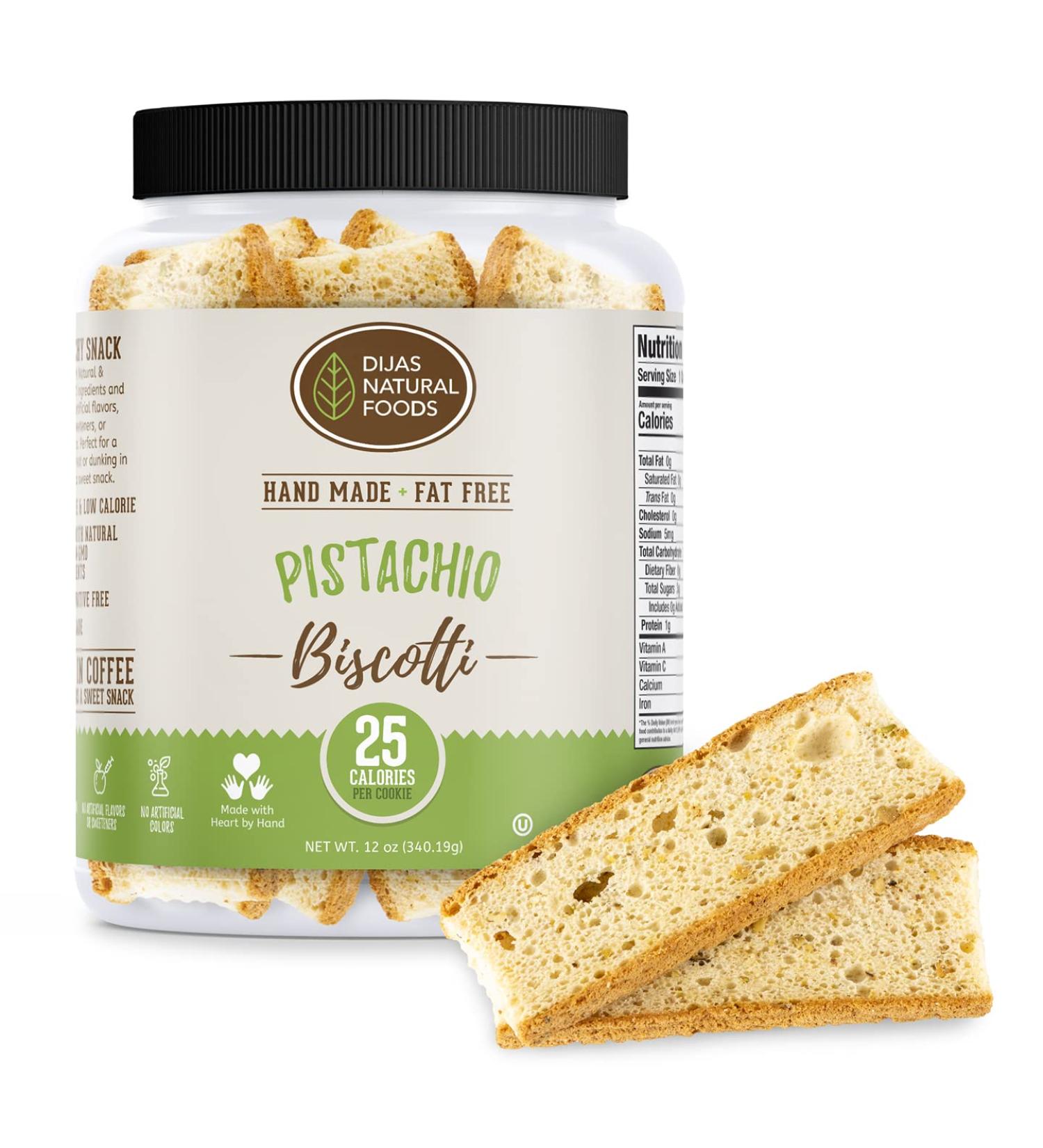 Dijas Natural Foods Fat Free Biscotti Cookie - Pistachio Flavor | All Natural & Preservative Free Ingredients | Low Calorie Snack (12 oz) - Buy Online on GoSupps.com