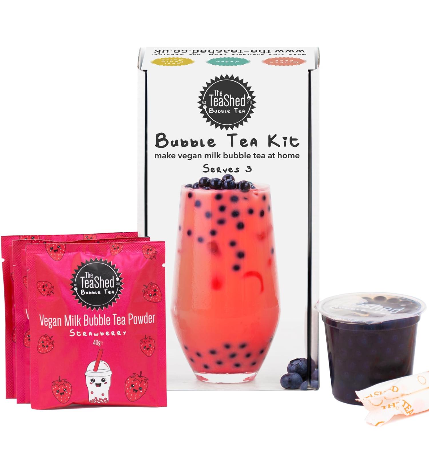 Vegan Milk Bubble Tea Kit Gift Box | 3 Servings | Includes Strawberry Powder, Blueberry Popping Boba, and Paper Straws | The TeaShed - Buy Online on GoSupps.com