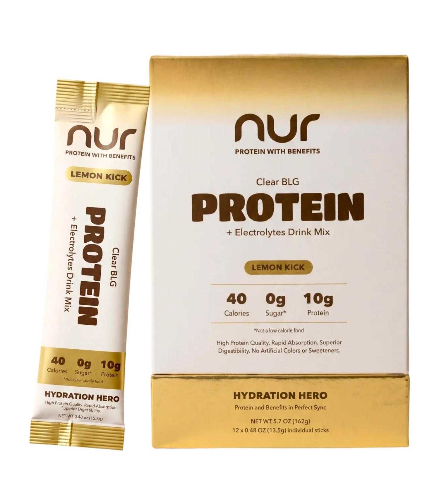 NUR Clear Whey Protein + Electrolytes Drink Mix Fermented BLG Single-Serve Sticks Lemon Kick 12-Pack Lactose-Free Keto-Friendly Zero Sugar No Artificial Sweeteners Daily Hydration - Buy Online on GoSupps.com