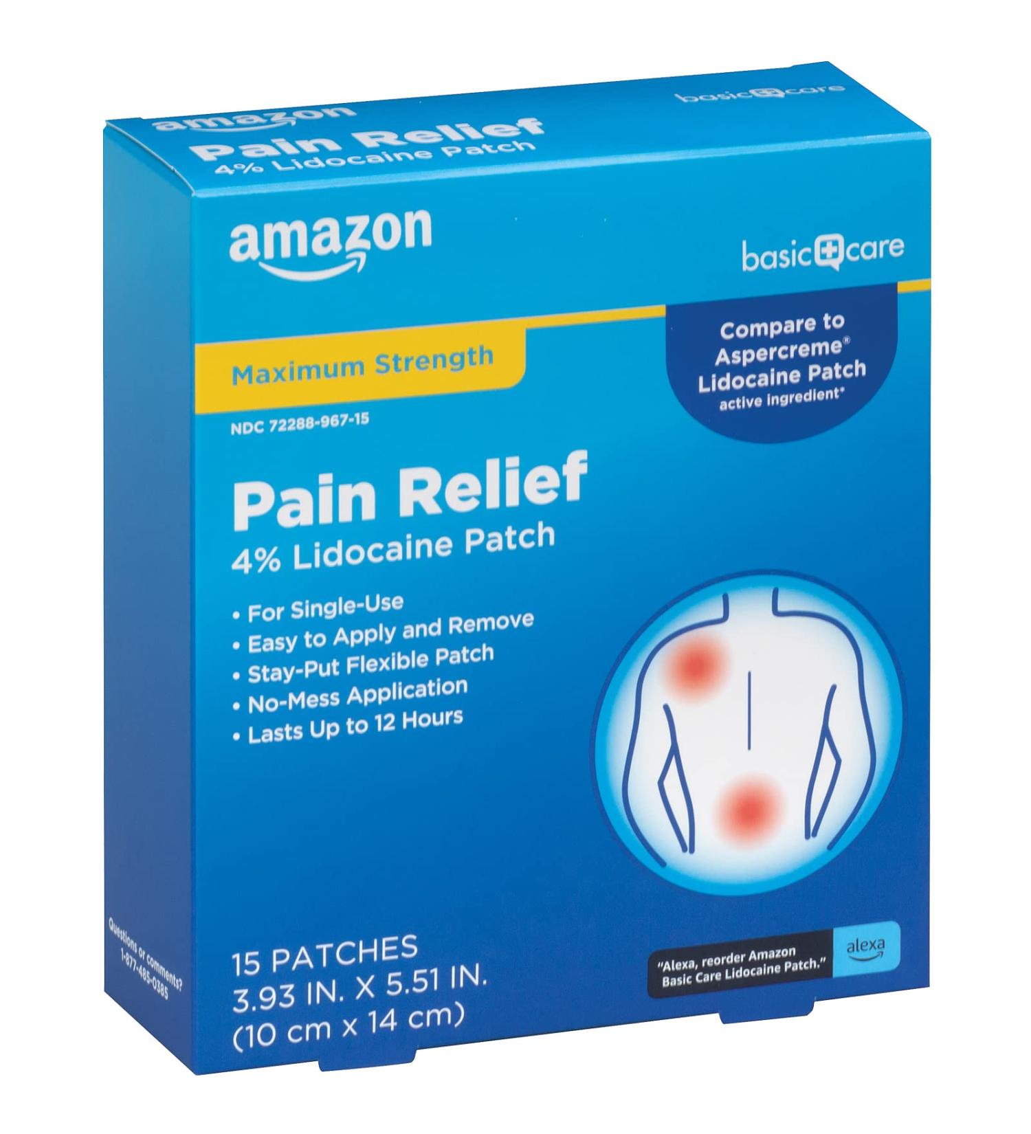Amazon Basic Care Maximum Strength 4% Lidocaine Pain Relief Patch | 15-Count Box | 3.9 x 5.5 inches | Fast Acting Relief - Buy Online on GoSupps.com