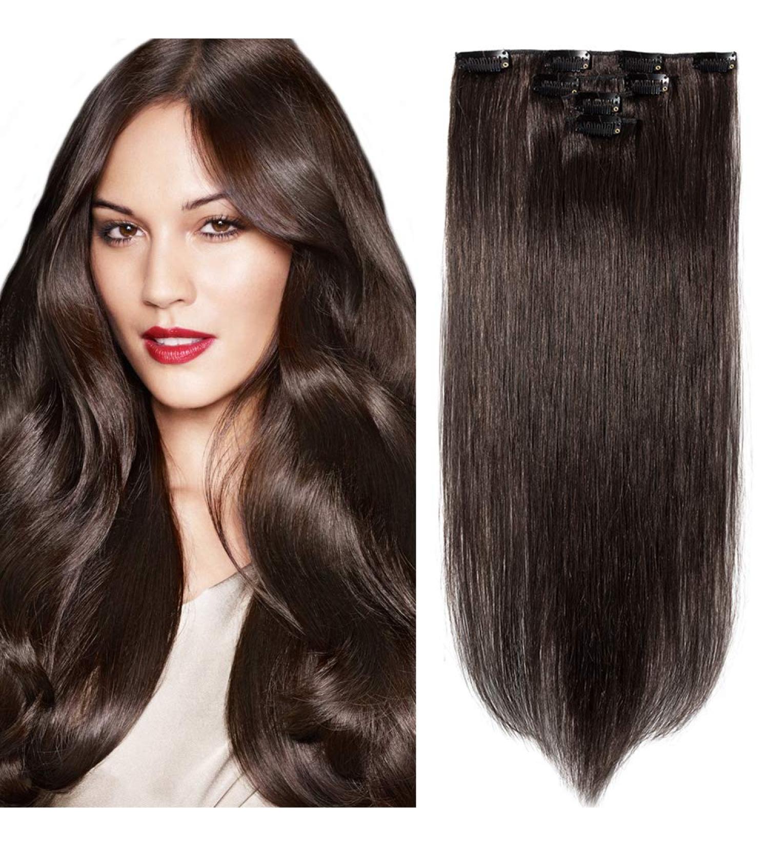 Clip In Hair Extensions - Remy Human Hair Double Thick Dark Brown #2 (16 40cm 40g) - Real Hairpiece for Effortless Volume - Buy Online on GoSupps.com
