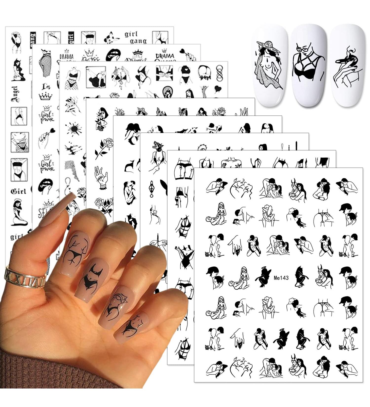 Bad Girls Nail Art Stickers - 3D Self Adhesive Black White Designs for DIY Manicure - Sexy Flower Love Charms for Women and Girls - 8 Sheets - Buy Online on GoSupps.com