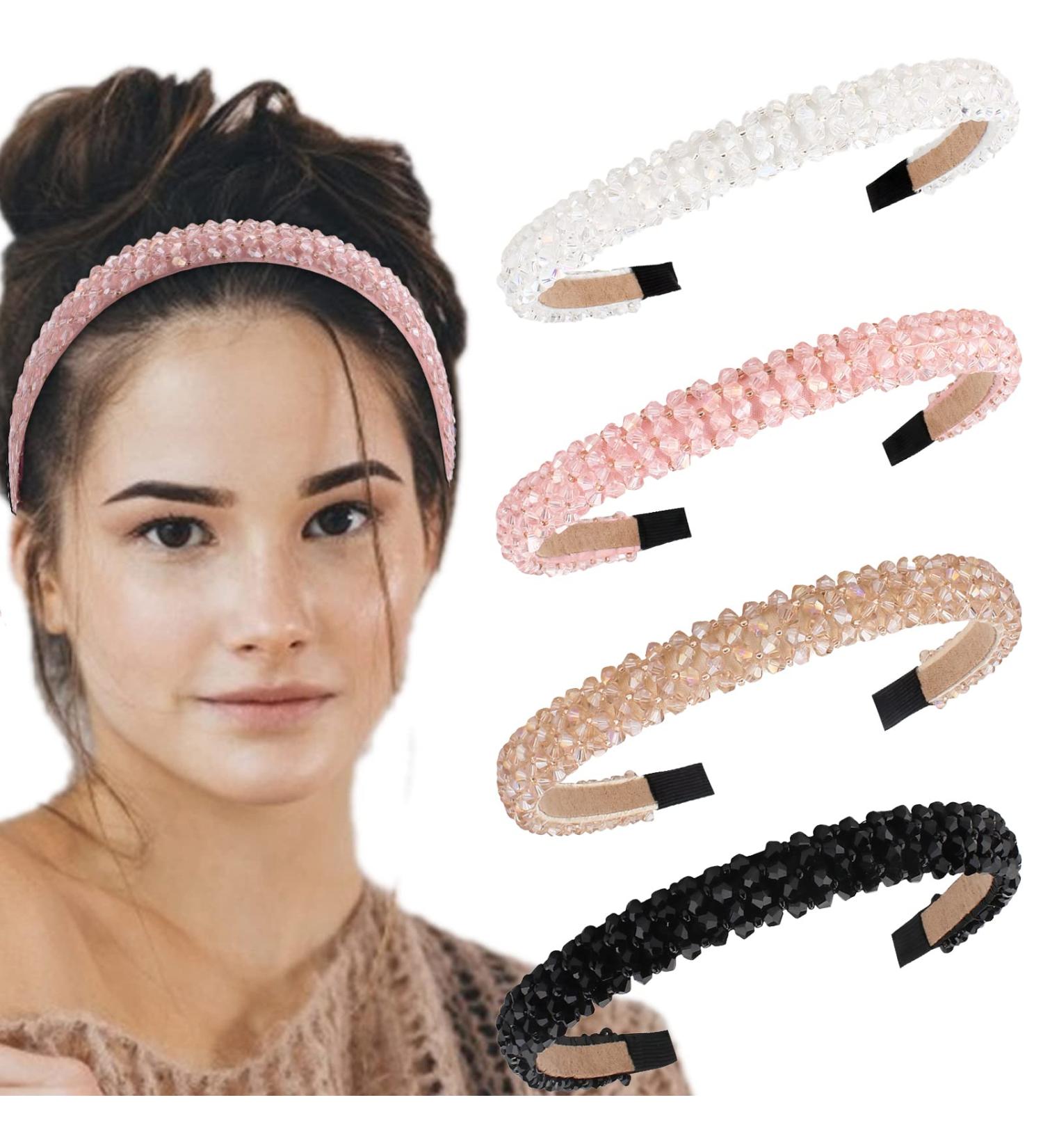 Wecoe 4 Pack Rhinestone Headbands - Crystal Beaded Sparkly Hair Accessories for Women and Girls - Perfect for Halloween and Christmas Gifts - Black, Pink, White, Champagne - Buy Online on GoSupps.com