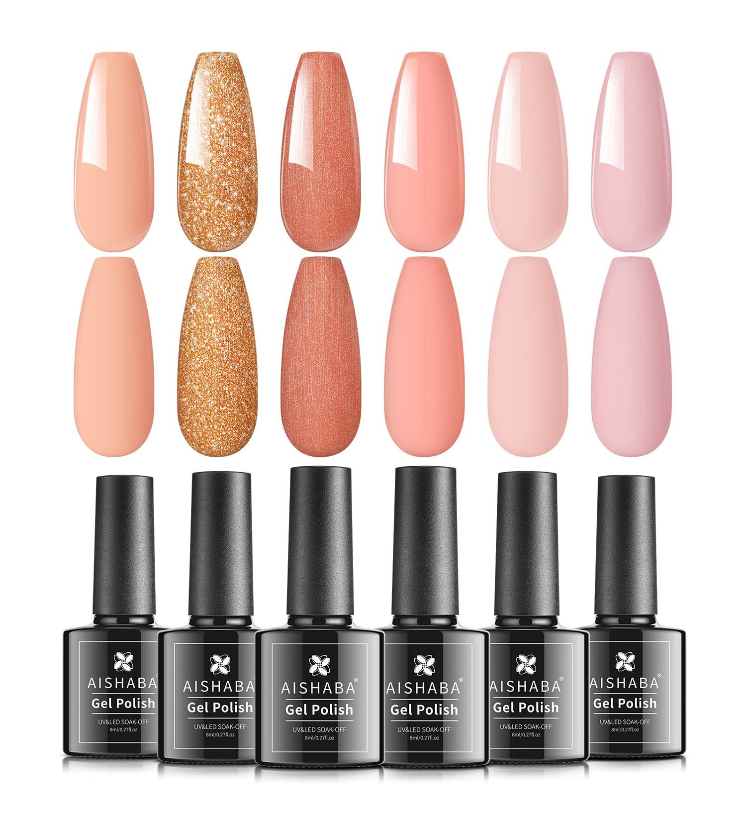 Aishaba Pink Gel Nail Polish Set - 6 Nude Colors with Gold Glitter | Spring Summer Manicure Kit for DIY Nail Art - UV LED Soak Off - Buy Online on GoSupps.com