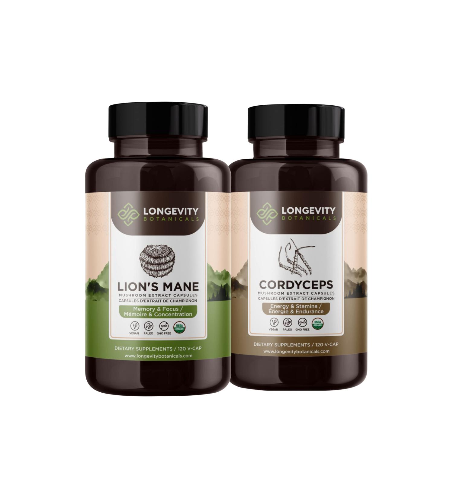 Longevity Botanicals Lions Mane + Cordyceps Ultra Mushroom Extract Capsules - Mental Clarity & Energy Boost - Buy Online on GoSupps.com