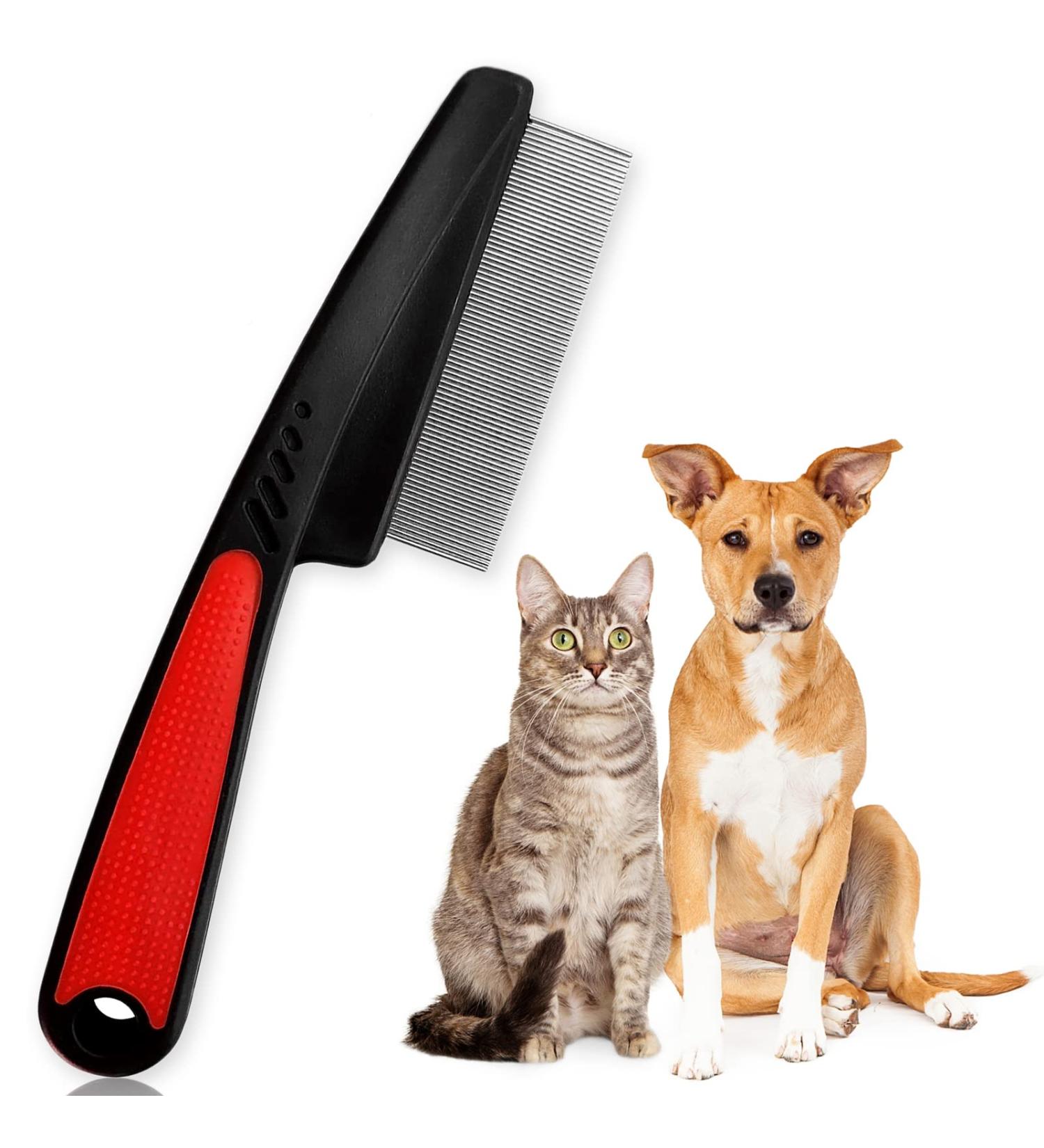 ExceLife Flea Comb for Dogs Cats Rubber Handle Dog Hair Comb Stainless Steel Grooming Brushes for Removing Tear Stains Fleas Dandruff Lice (Red) - Buy Online on GoSupps.com